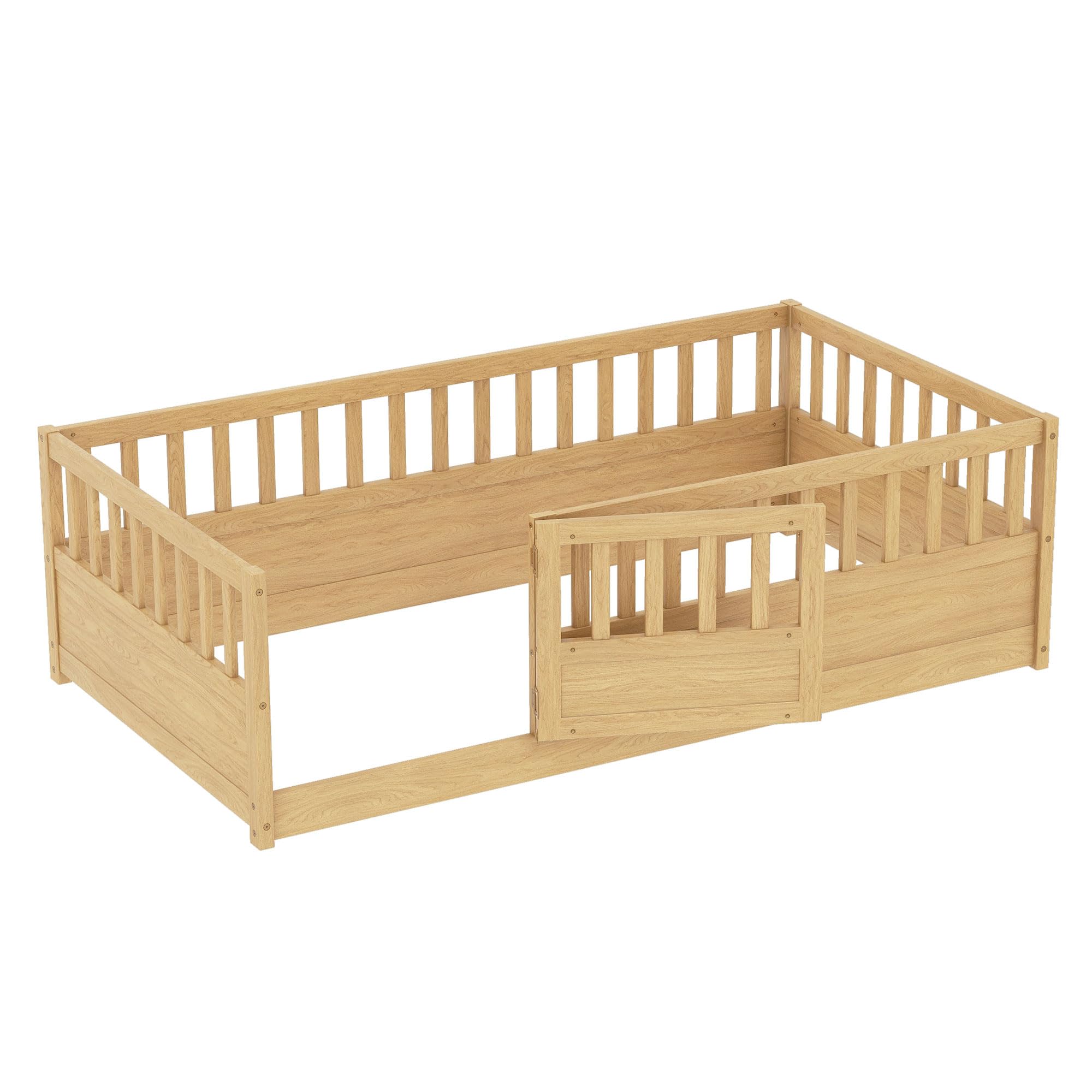 Montessori Twin Floor Bed for Kids - Wooden Low Bed with High Safety Fence & Door - Natural Wood Toddler Bed for Boys & Girls - Perfect for Bedroom, Playroom & Montessori Learning Spaces