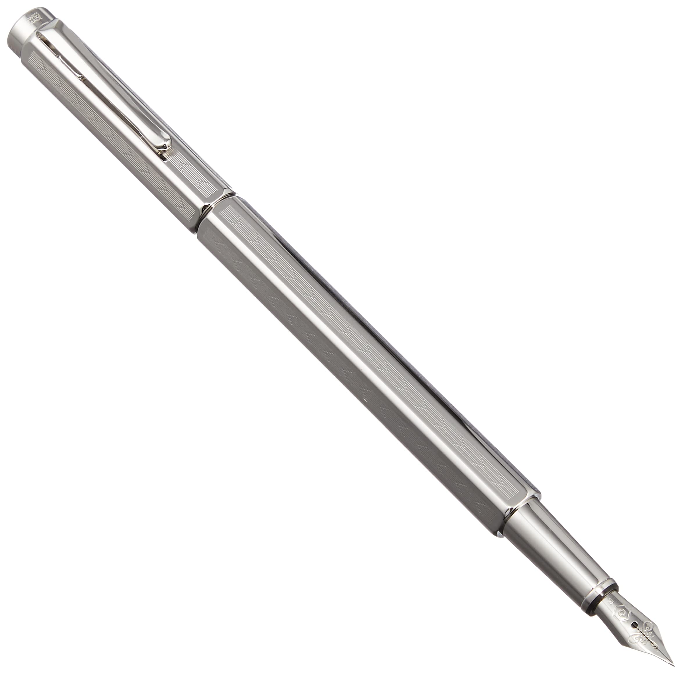 Caran d'Ache Chevron Ecridor Fountain Pen - Silver Plated/Rhodium Coated with Fine Nib (0958.276) | Luxury Writing Instrument for Professionals & Gift Giving