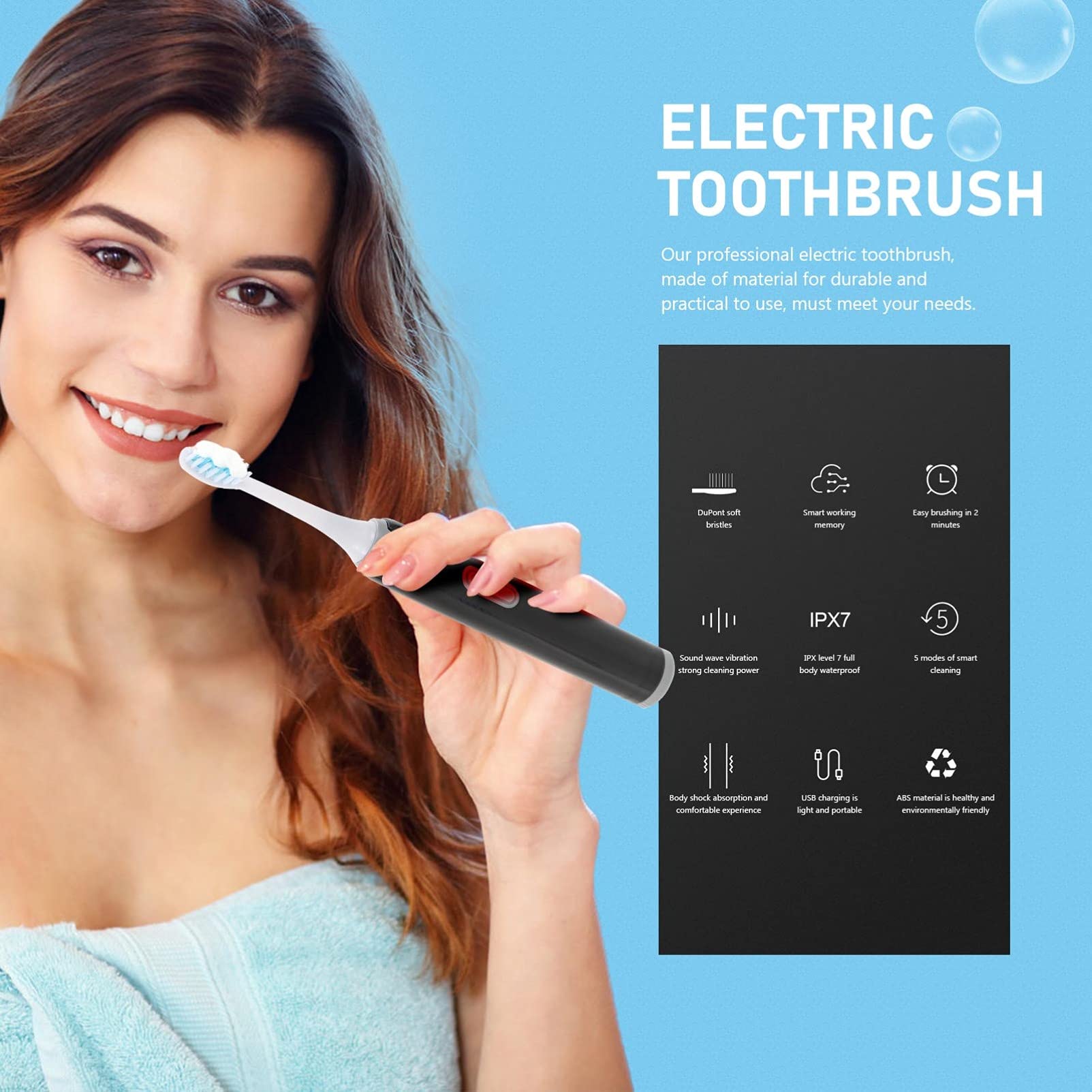 Healifty Electric Toothbrush for Adults - Rechargeable Sonic Toothbrush with Soft Bristles, 5 Cleaning Modes & 2-Minute Timer - Perfect for Home, Travel & Daily Oral Care Routine