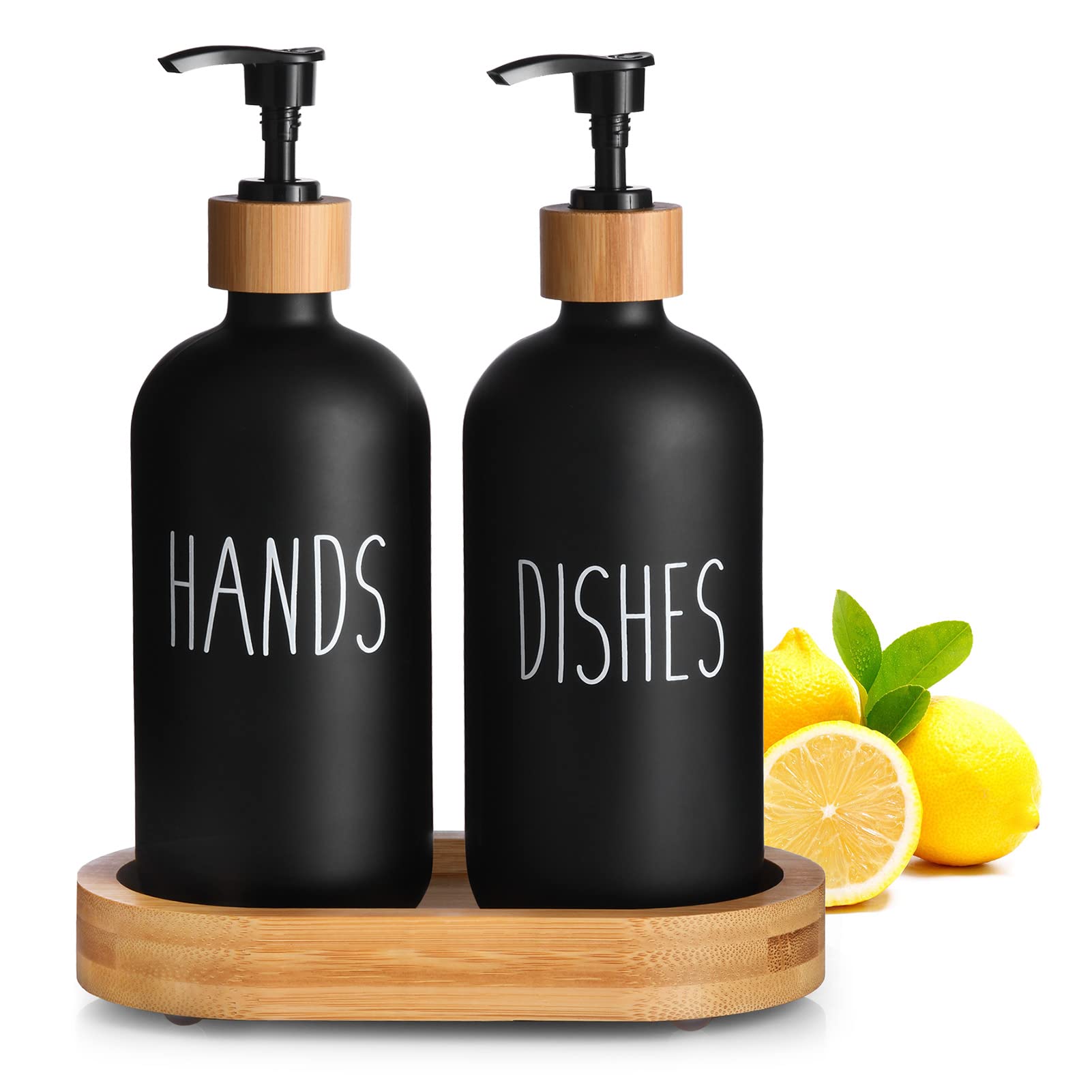 HULISEN Wooden Dish Soap Dispenser Set with Tall Tray - Matte Black Hand & Dish Soap Pump for Kitchen - Modern Farmhouse & Boho Style Home Decor - Perfect for Sink Countertop, Kitchen Island, and Bathroom Organization