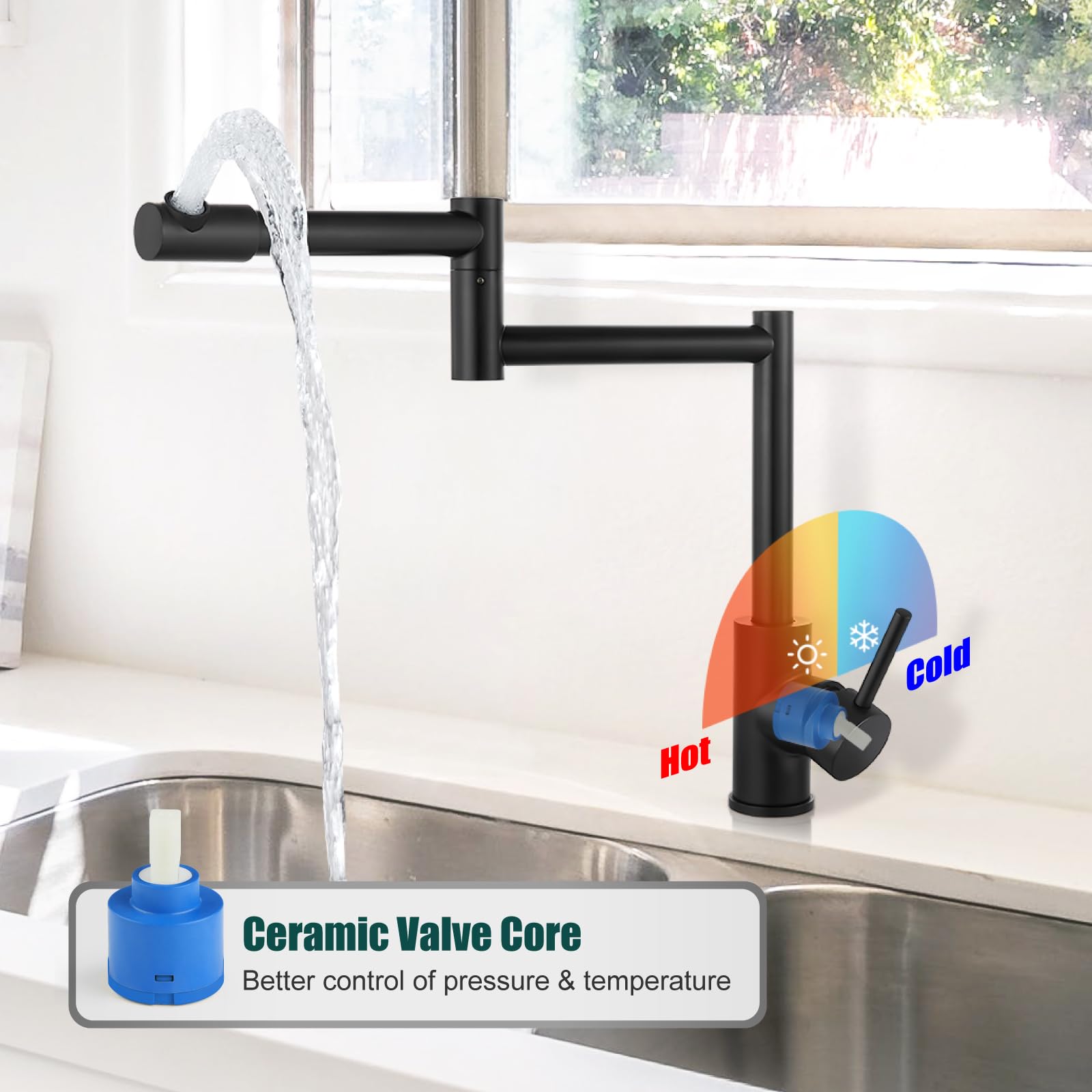 **360° Rotating Matte Black Pot Filler Faucet - Deck Mount Single Handle Kitchen Sink Faucet with Retractable Double Joints for Easy Cooking & Filling Large Pots**    *(Perfect for Modern Kitchens, Soup Making, Pasta Cooking & Heavy-Duty Food Prep)*