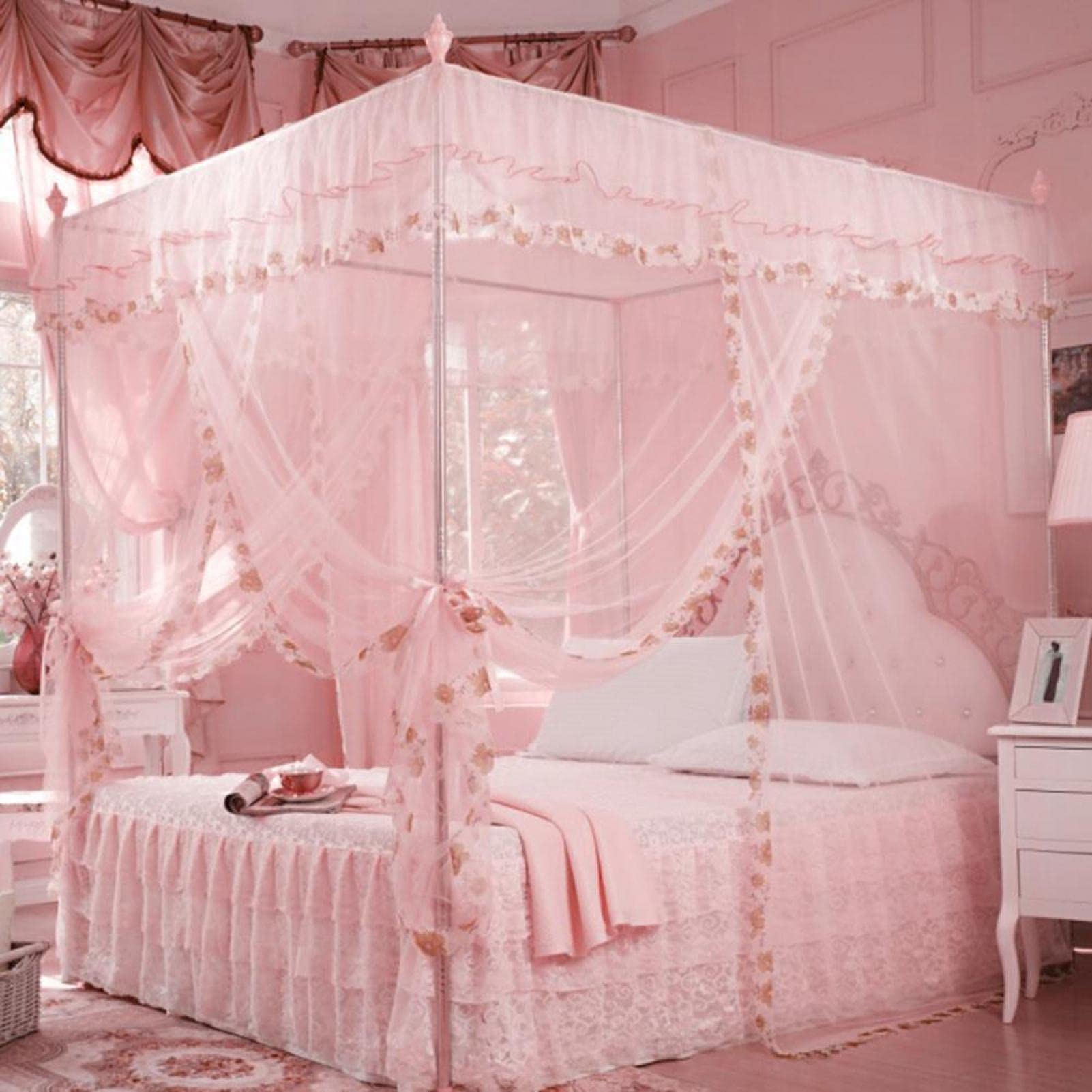 Elegant Princess 4 Corners Post Bed Canopy Set - White Mesh Netting for Bedroom Decor, Romantic Home Bedding Accessory - Perfect for Girls' Rooms, Wedding Decor & Nursery Design