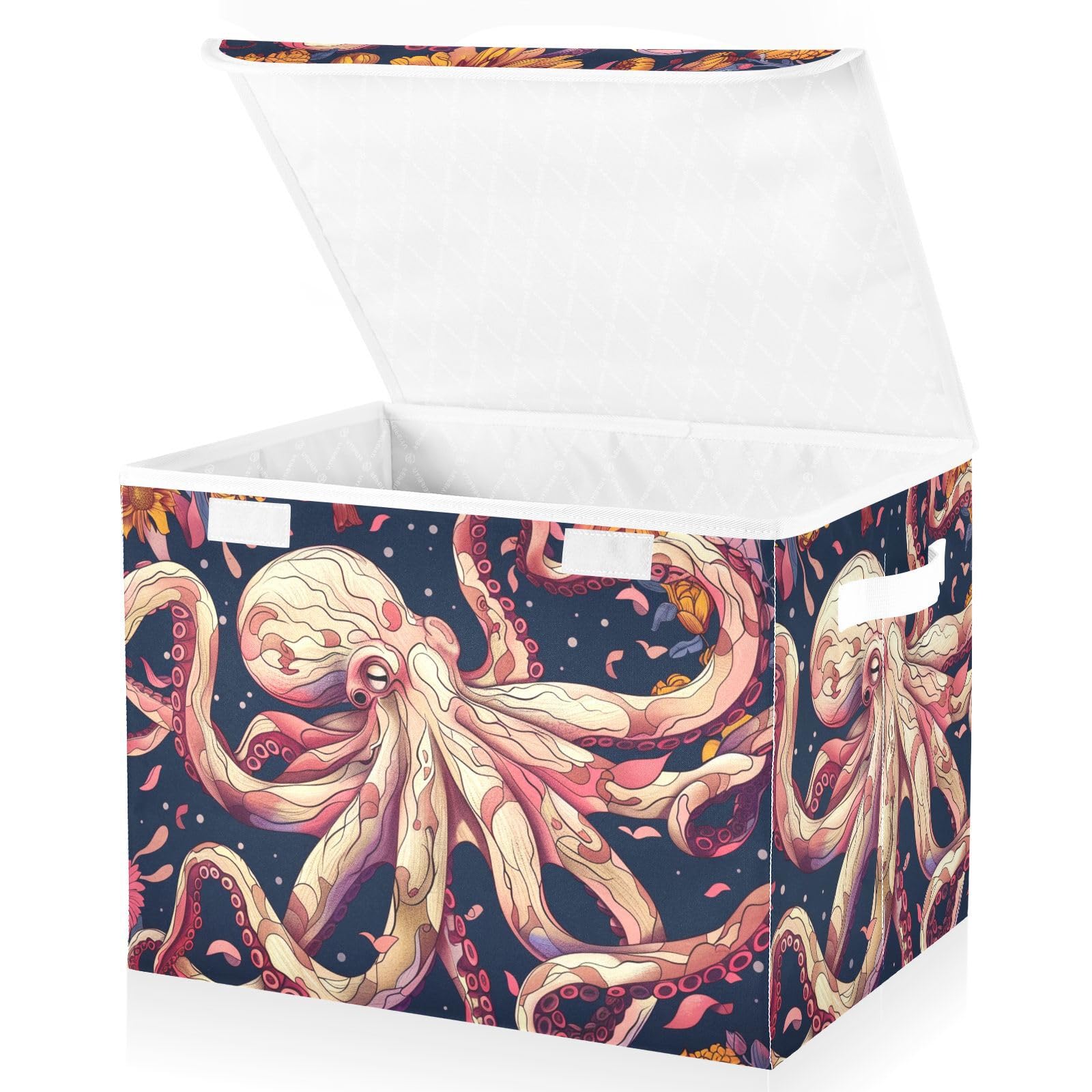 Collapsible Storage Bins with Lids - Octopus Pattern Foldable Organizer Baskets for Clothes, Toys & Home Organization | Perfect for Bedroom, Nursery & Laundry Room Storage