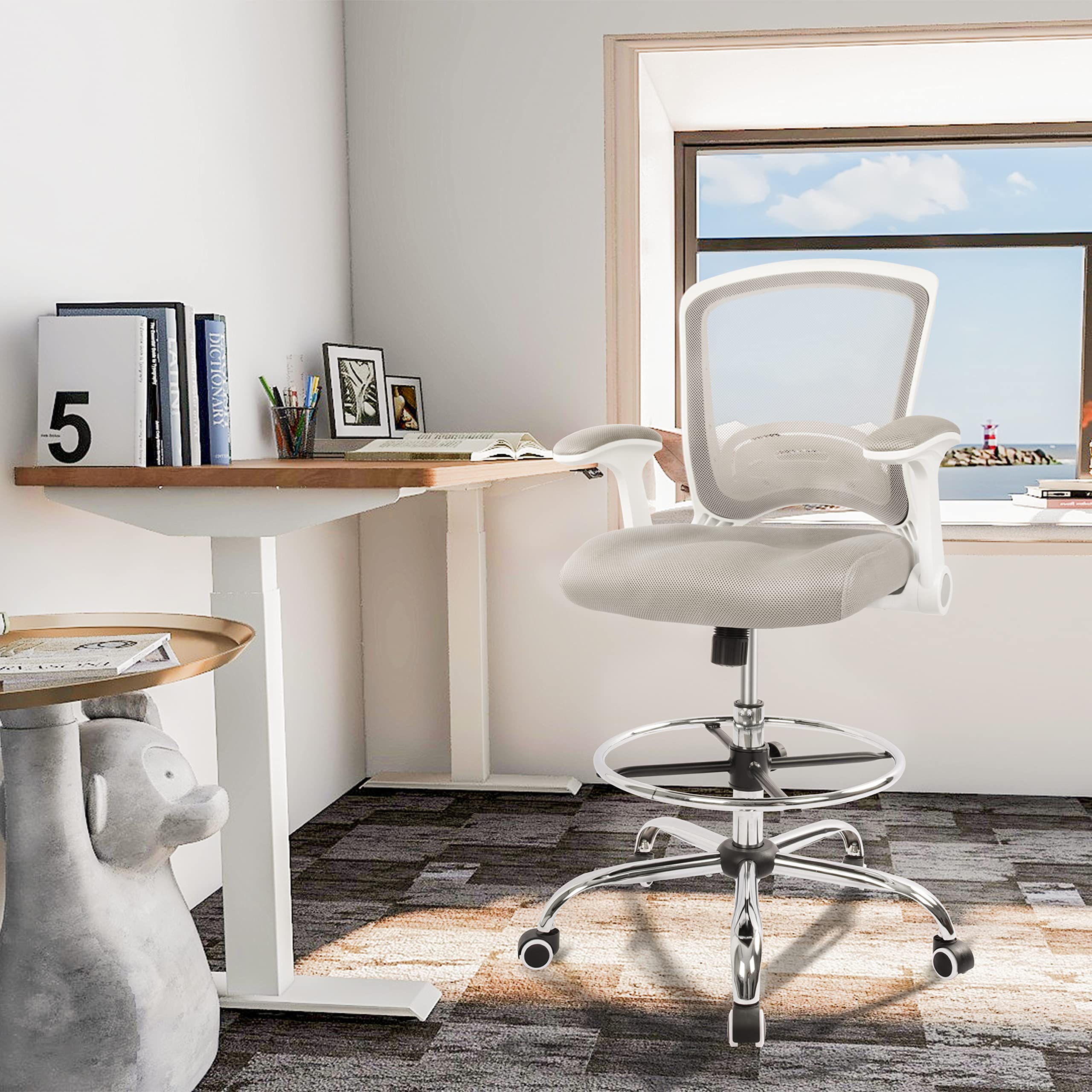 Ergonomic Adjustable Drafting Chair for Standing Desks - Tall Office Stool with Flip-Up Arms & Foot Ring - Grey - Perfect for Home Office, Gaming, and Counter Height Workspaces