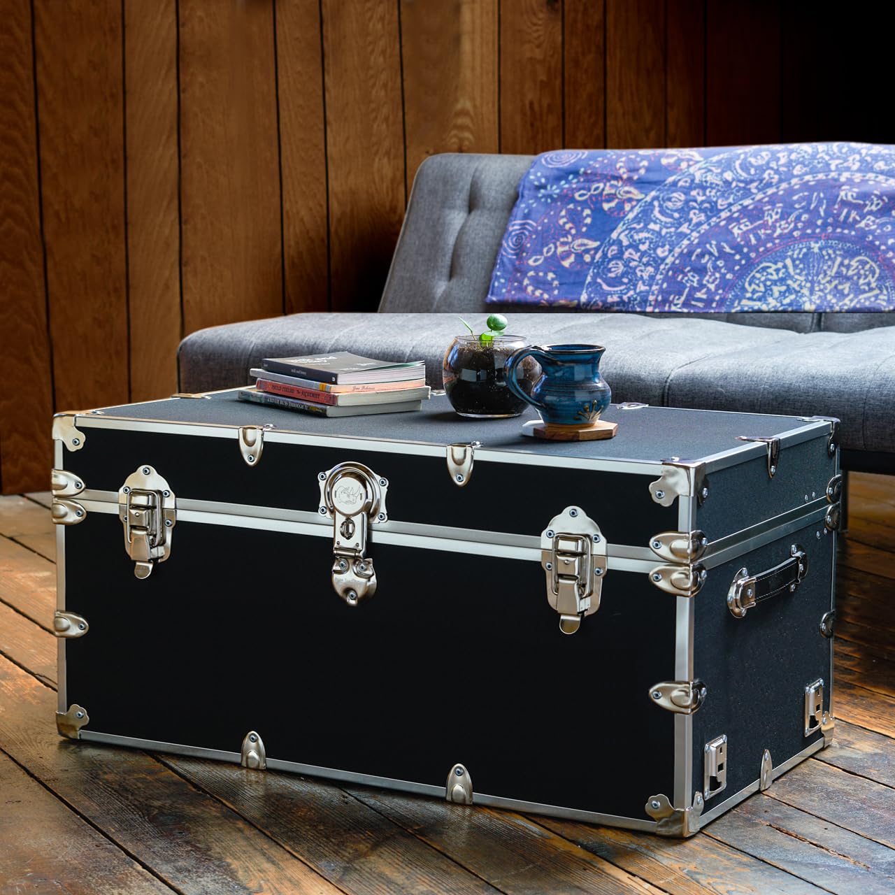 Rhino Heavy-Duty Leather Embossed Vinyl Dorm Trunk & College Storage Chest - Lockable Student Footlocker with 1000+ lbs Capacity (36x18x18 Inches, Navy Blue) - Perfect for Dorm Rooms, Military Use & Secure Storage