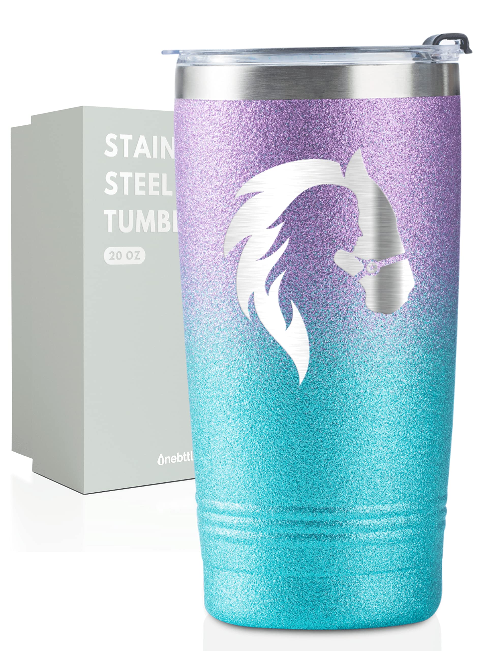 Onebttl Insulated Stainless Steel Tumbler 20oz - Horse Lover Gifts for Women, Equestrian Western Themed Cup with Lid & Straw - Violet Blue Gradient Glitter Design - Perfect for Birthday, Christmas, Horse Shows & Ranch Use