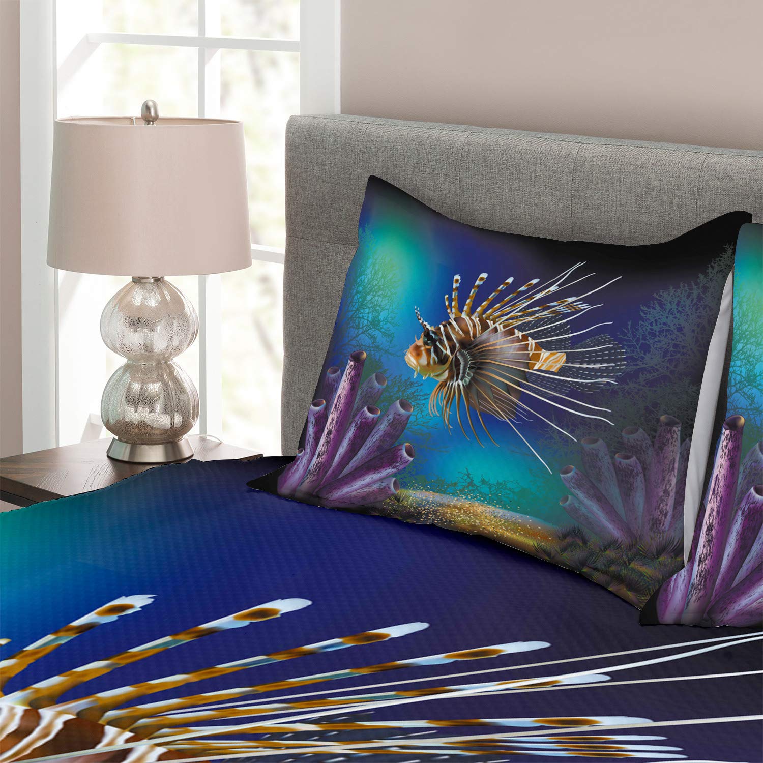 Ambesonne Ocean King Size Bedspread Set - 3 Piece Underwater World Nautical Theme Bedding with Exotic Fish, Bubble & Plants, Blue Brown Purple Decorative Coverlet & 2 Pillow Shams for Coastal & Beach House Decor