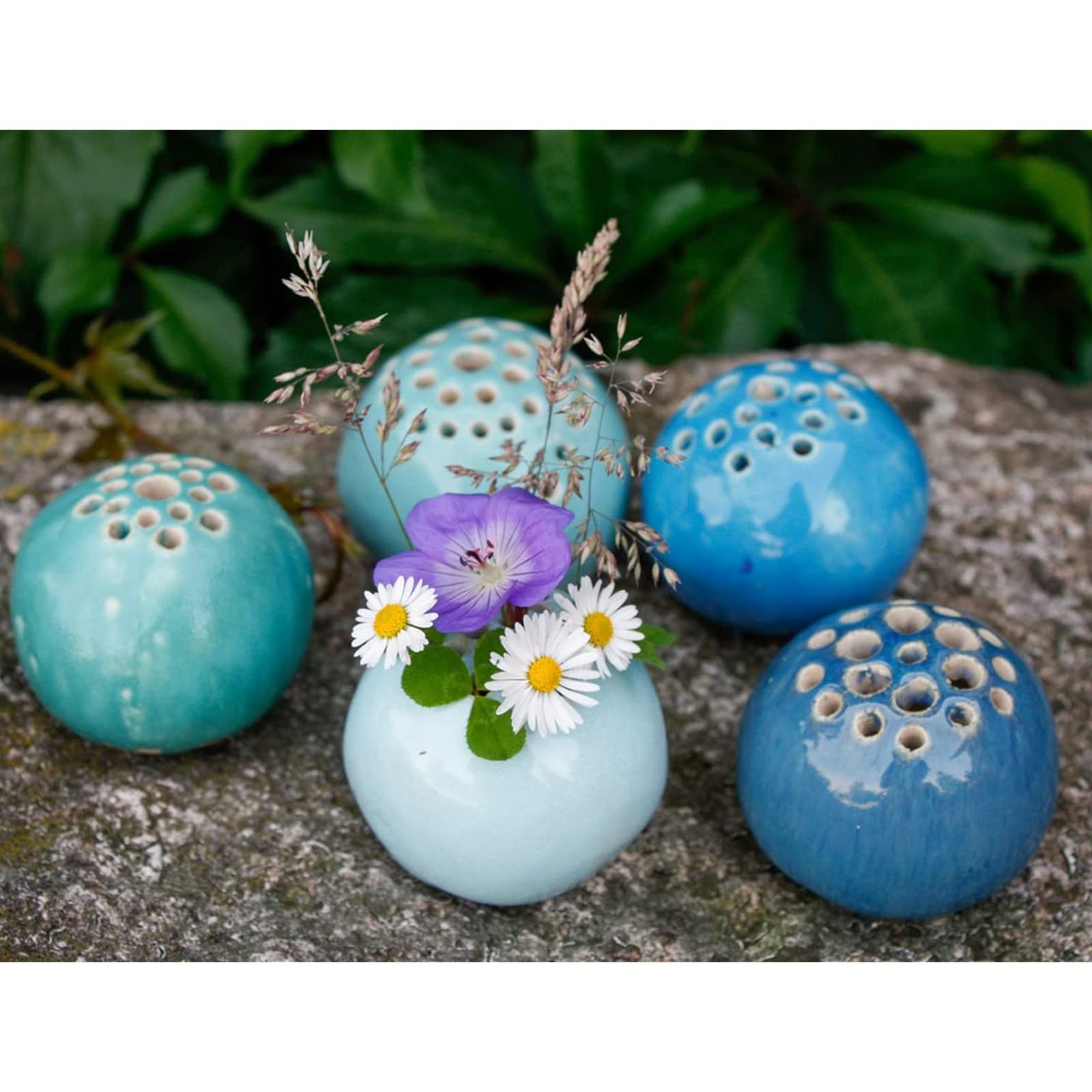 Handmade Ceramic Vase with Flower Stone Design - Perforated Table Decor for Spring Garden, Home & Office Decoration (Oriental Blue) | Perfect for Living Room, Bedroom, Wedding Centerpiece & Gift Idea