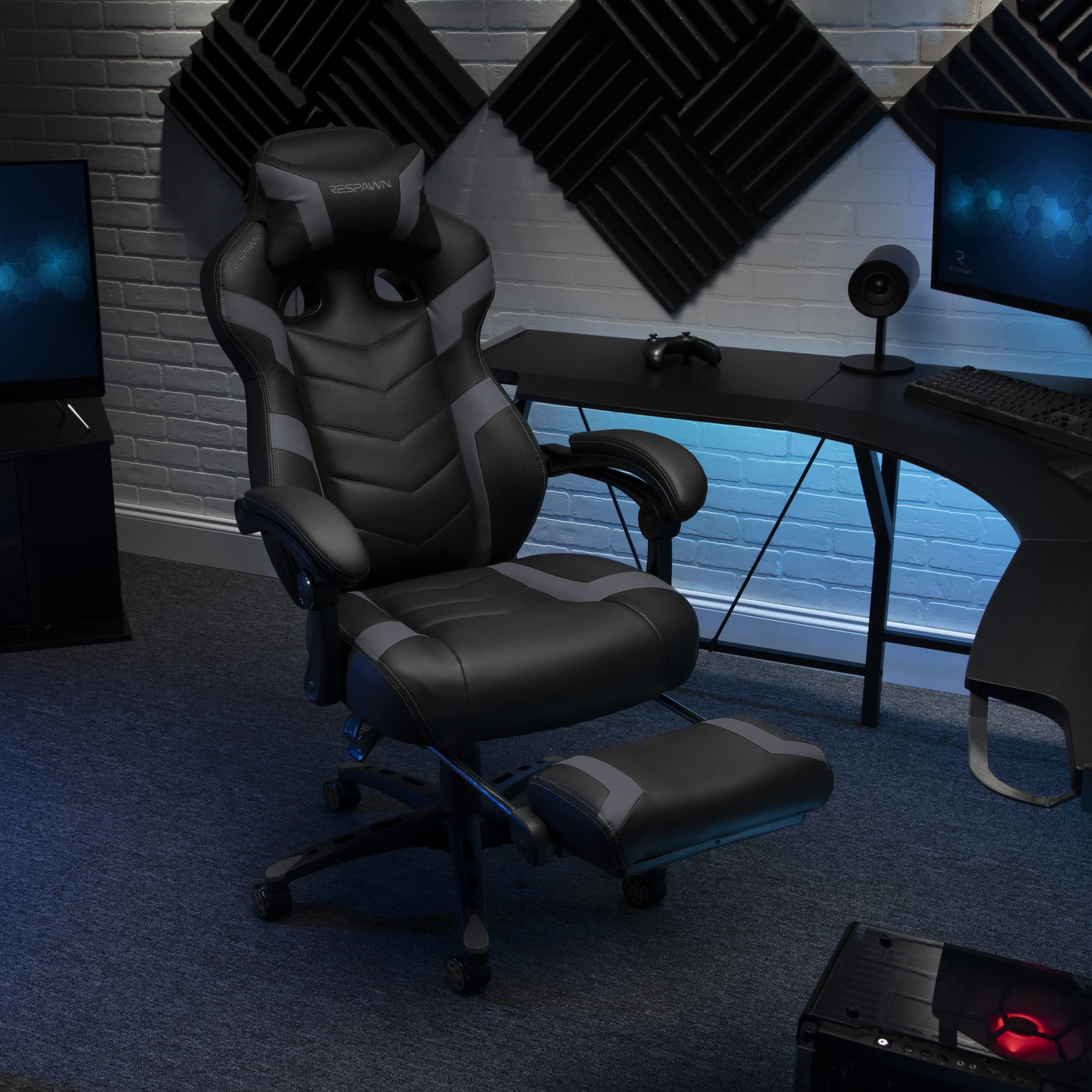 RESPAWN 110 Pro Ergonomic Gaming Chair with Adjustable Footrest & Headrest - Reclining Computer Desk Chair for Adults - Grey | Perfect for PC Gaming, Home Office & Streaming Setup