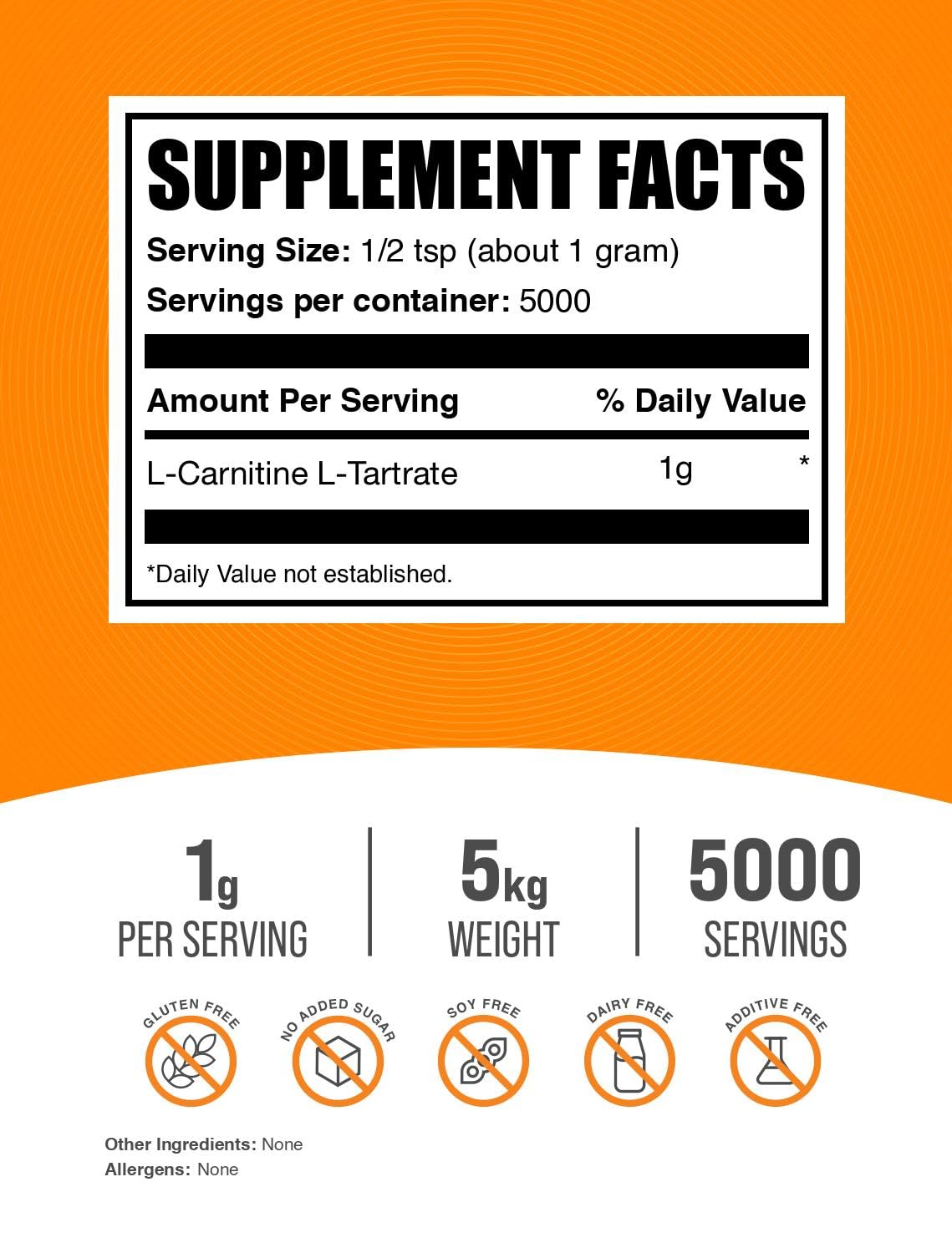 BulkSupplements L-Carnitine Tartrate Powder - Pure Amino Acid Supplement for Weight Loss & Energy Boost - Unflavored, Gluten Free, 1g per Serving, 1kg (5 Pack) - Ideal for Pre-Workout, Fat Burning & Athletic Performance