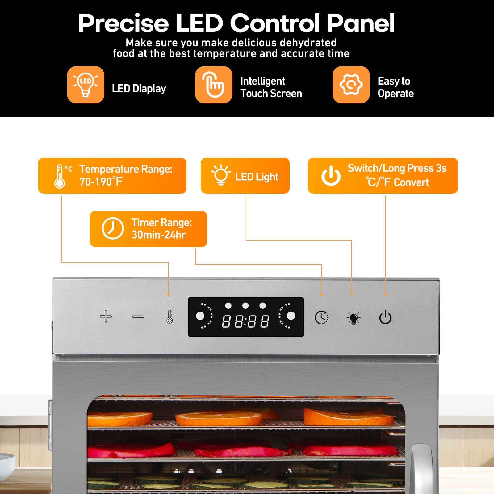 Premium 8-Tray Stainless Steel Food Dehydrator for Jerky, Fruit, Meat, Herbs - Digital LED Display, Adjustable Timer & Temperature Control with Overheat Protection - Perfect for Home Drying, Camping Food Prep & Healthy Snacks