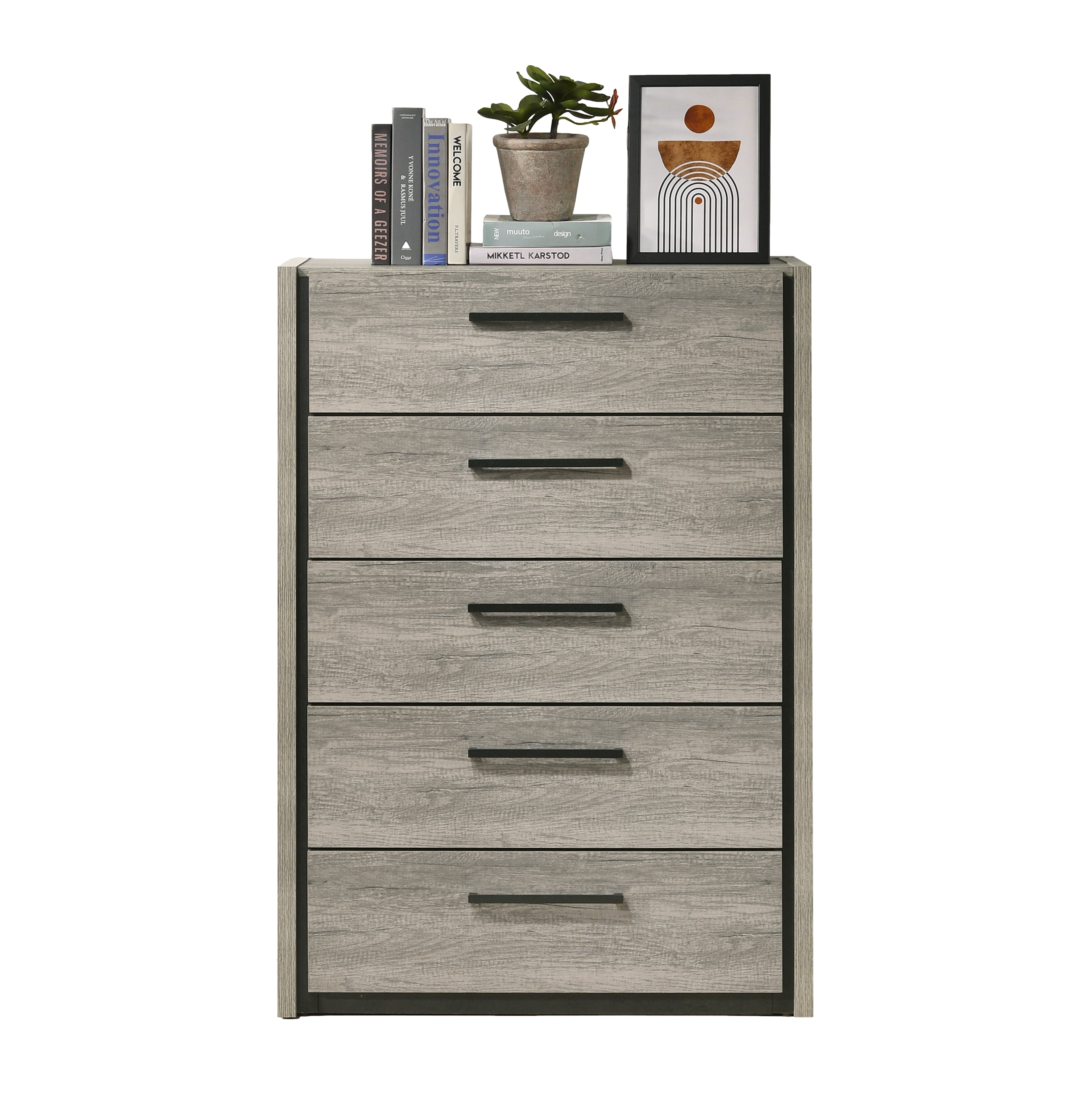 Roundhill Furniture Lenca 5-Drawer Chest in Weathered Gray - Stylish Bedroom Dresser for Storage & Organization | Perfect for Master Bedroom, Guest Room or Dorm