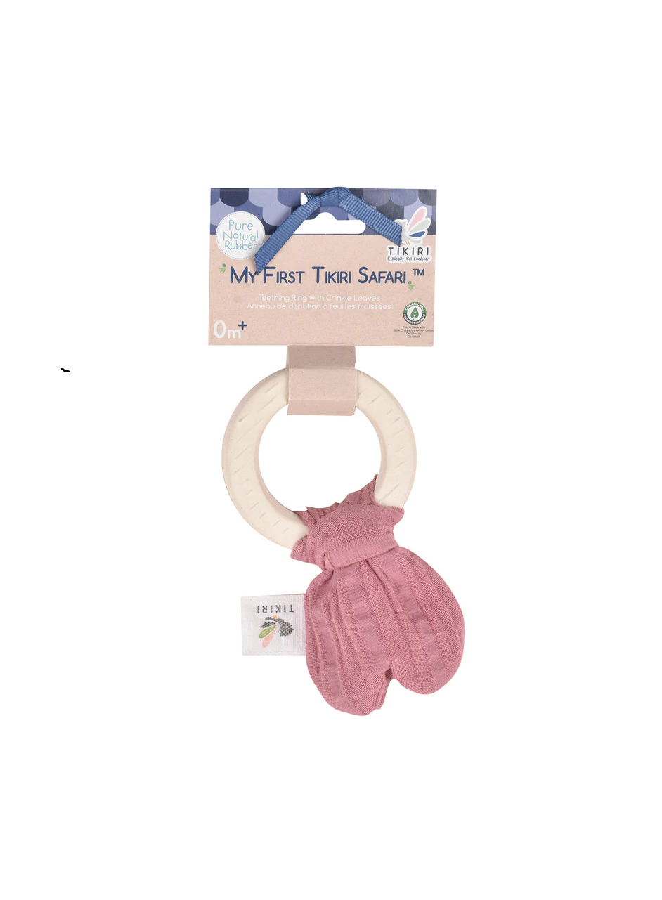 Organic Natural Rubber Teether & Crinkle Toy for Babies - Dusty Pink Muslin Tie | Soothing Teething Relief & Sensory Play for Infants | Perfect Baby Shower Gift & Nursery Essential