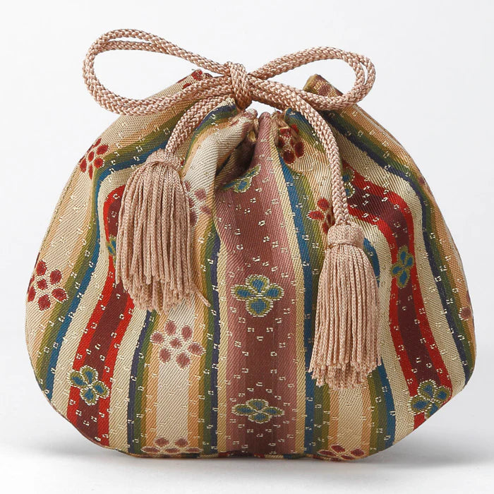 Handmade Kyoto Nishijin Ori Small Drawstring Bag - Floral Japanese Traditional Craft Purse for Women | Perfect for Gifts, Cosmetics & Accessories Storage