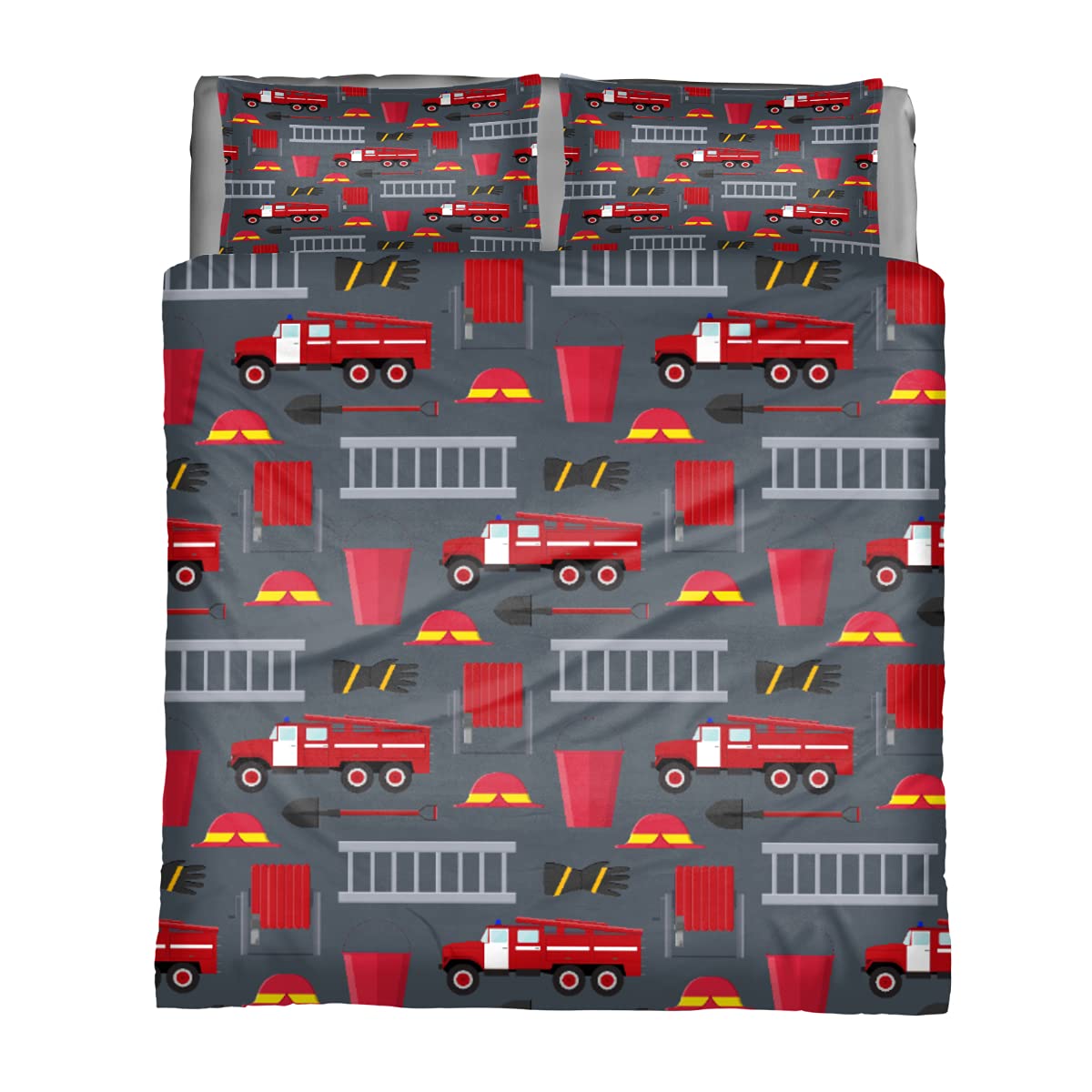 Fire Dept Truck Comforter Set Queen - Lightweight Duvet Cover & Pillowcases for All Seasons - Perfect for Firefighter Themed Bedrooms
