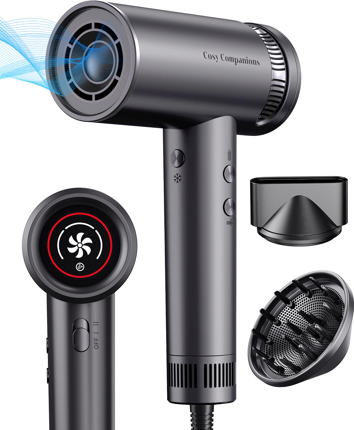 Lightweight Hair Dryer with Diffuser & Nozzle - High Speed Ionic Blow Dryer with HD Display for Salon-Quality Styling at Home
