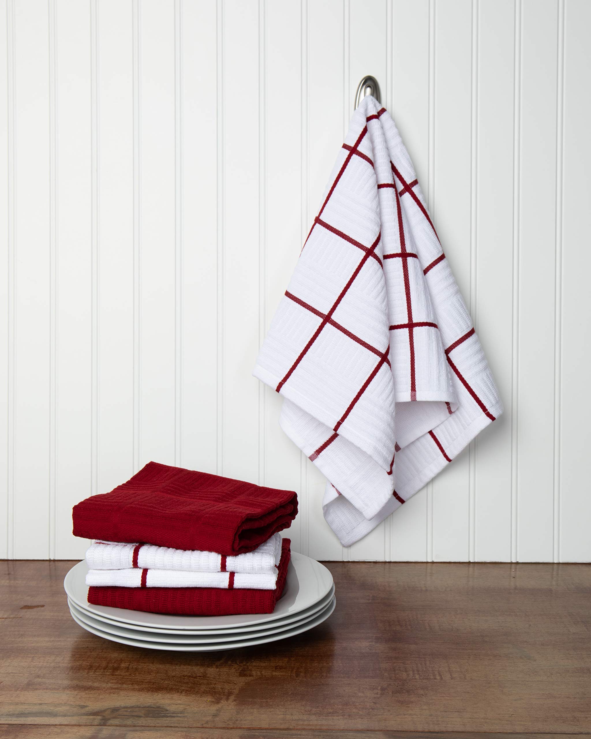 Premium 100% Cotton Kitchen Dish Towels Set of 4 - Absorbent & Reusable Red & White Hand Towels, Tea Towels & Cleaning Cloths (28x16 Inch) | Oeko-Tex Certified | Perfect for Drying Dishes, Wiping Countertops & Kitchen Decor