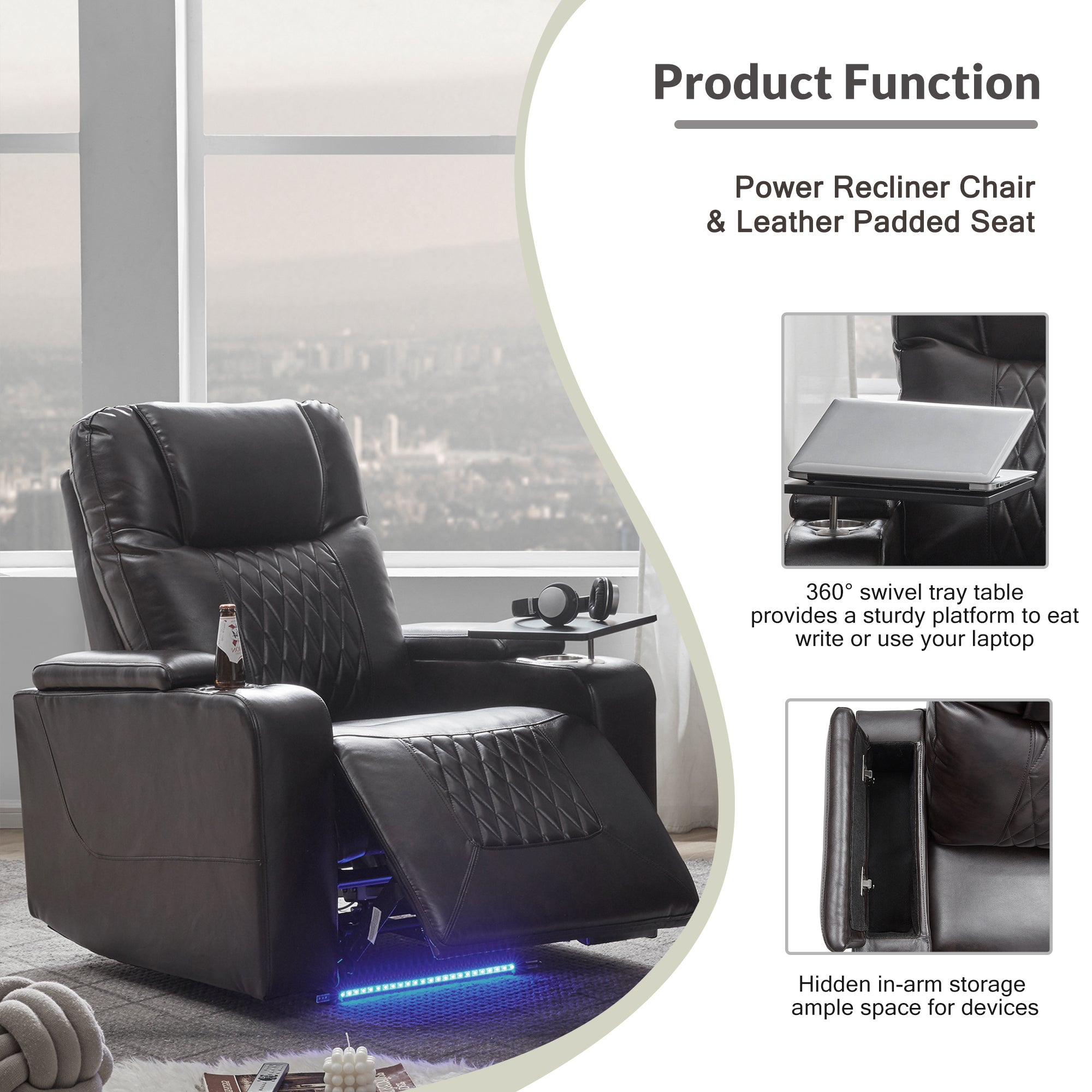 Power Motion Recliner Chair with USB Charging Port, Hidden Arm Storage, 2 Cup Holders & 360° Swivel Tray Table - Black - Perfect for Living Room, Home Theater & Office Relaxation