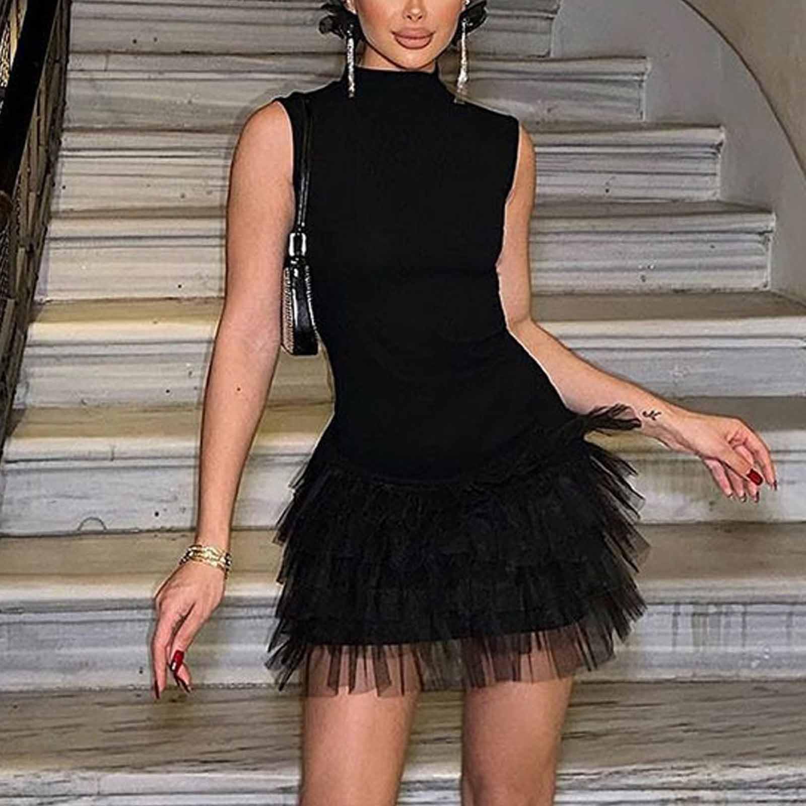 Y2K Women's Summer Mini Dress - Mock Neck, Bodycon, Cap Sleeve with Ruffle Lace Hem | Casual Streetwear for Beach, Party & Date Night Outfits