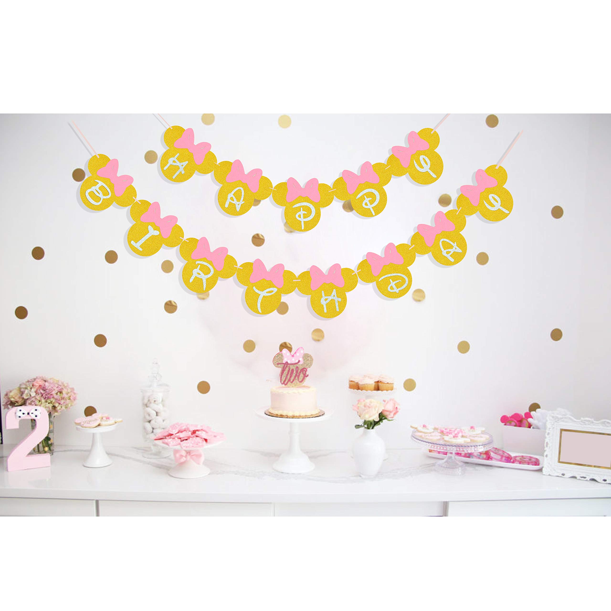 Pink and Gold Glitter Happy Birthday Banner - Minnie Mouse Themed Party Decorations for Girls Birthday Celebration | Perfect for Birthday Parties, Baby Showers & Special Events