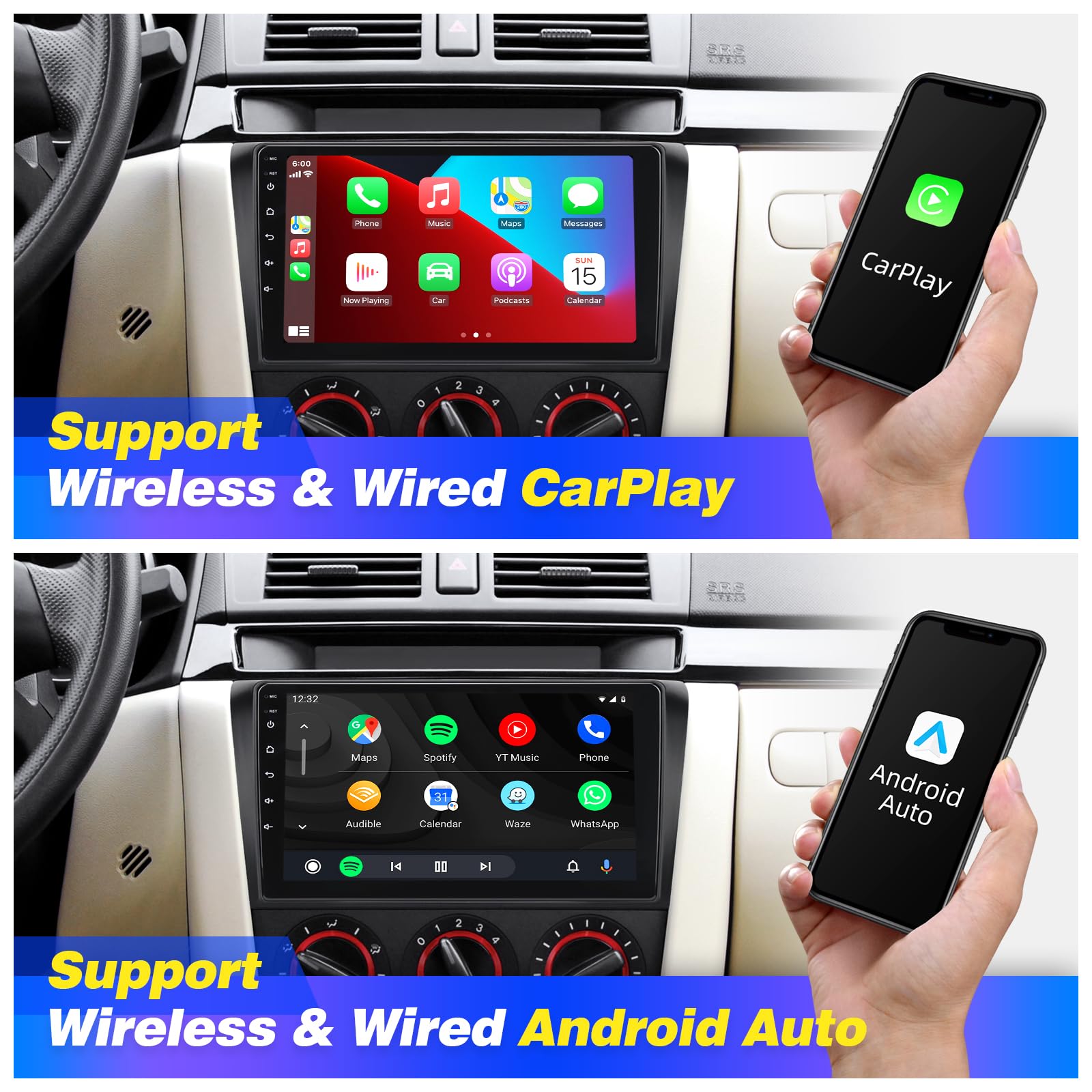 Mazda 3 Android Touch Screen Car Stereo with Apple CarPlay & Android Auto - Bluetooth GPS Navigation WiFi FM/AM Radio & Backup Camera Head Unit for Mazda 3 2004-2009 Models | Perfect for Hands-Free Calling, Music Streaming & Safe Parking
