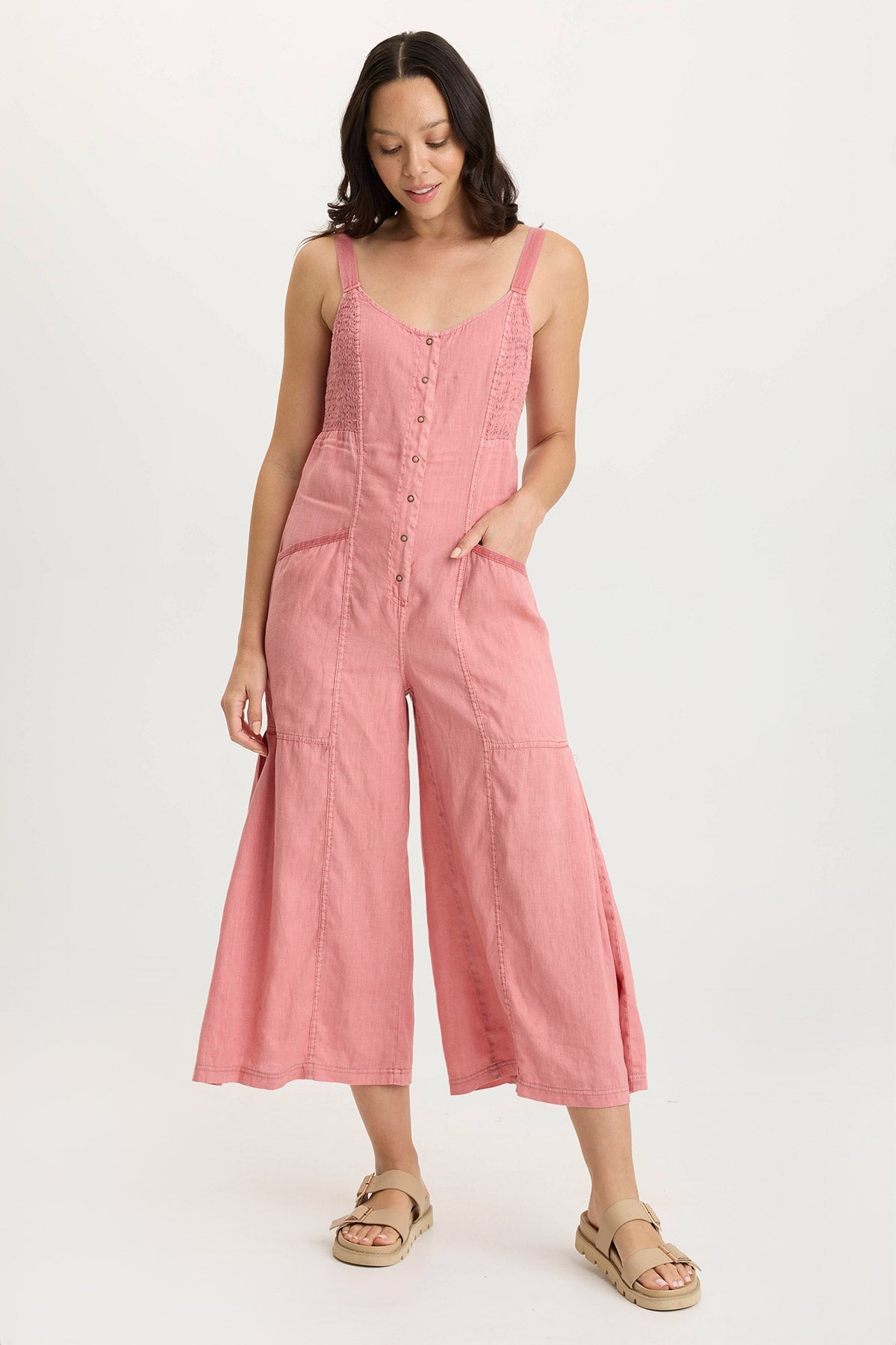 Leoda Women's Linen Snap Up Jumpsuit - Comfortable Summer Romper with Pockets | Perfect for Beach Vacation, Casual Outings & Boho Style Fashion