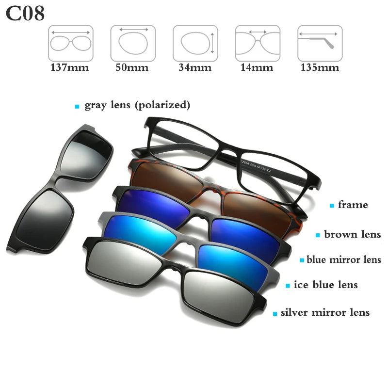 Belmon Unisex Square Eyeglasses with 5 Clip-On Sunglasses - Lightweight Blue Light Blocking Glasses for Men & Women - Perfect for Reading, Driving, and Outdoor Activities (RS159)