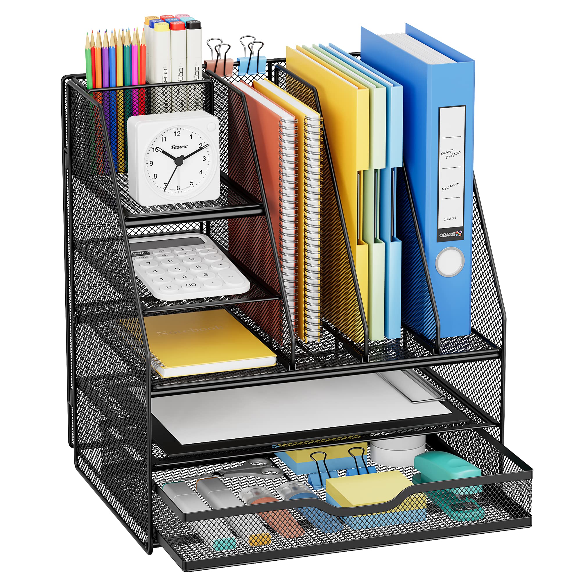 VIVSOL Large Vertical File Holder Desk Organizer with Sliding Drawers & Movable Pen Holder - Office Supplies Storage Shelf for Files, Papers, Stationery - Perfect for Home Office, School & Workspace Organization