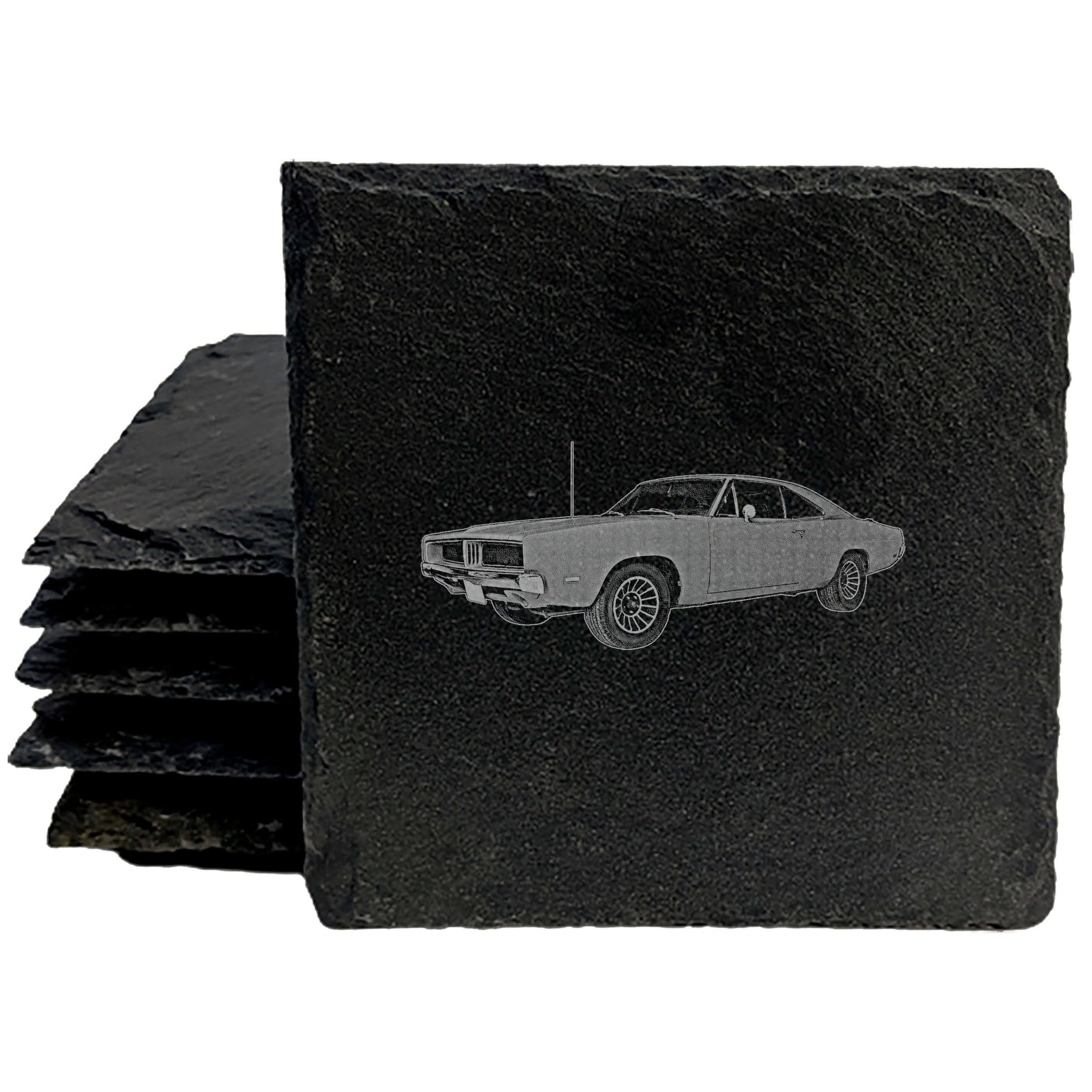 Vintage 1969 Dodge Charger Coasters Set of 4 - Square Slate Drink Coasters for Cars & Beer - Perfect for Man Cave, Home Bar, and Auto Enthusiast Gifts
