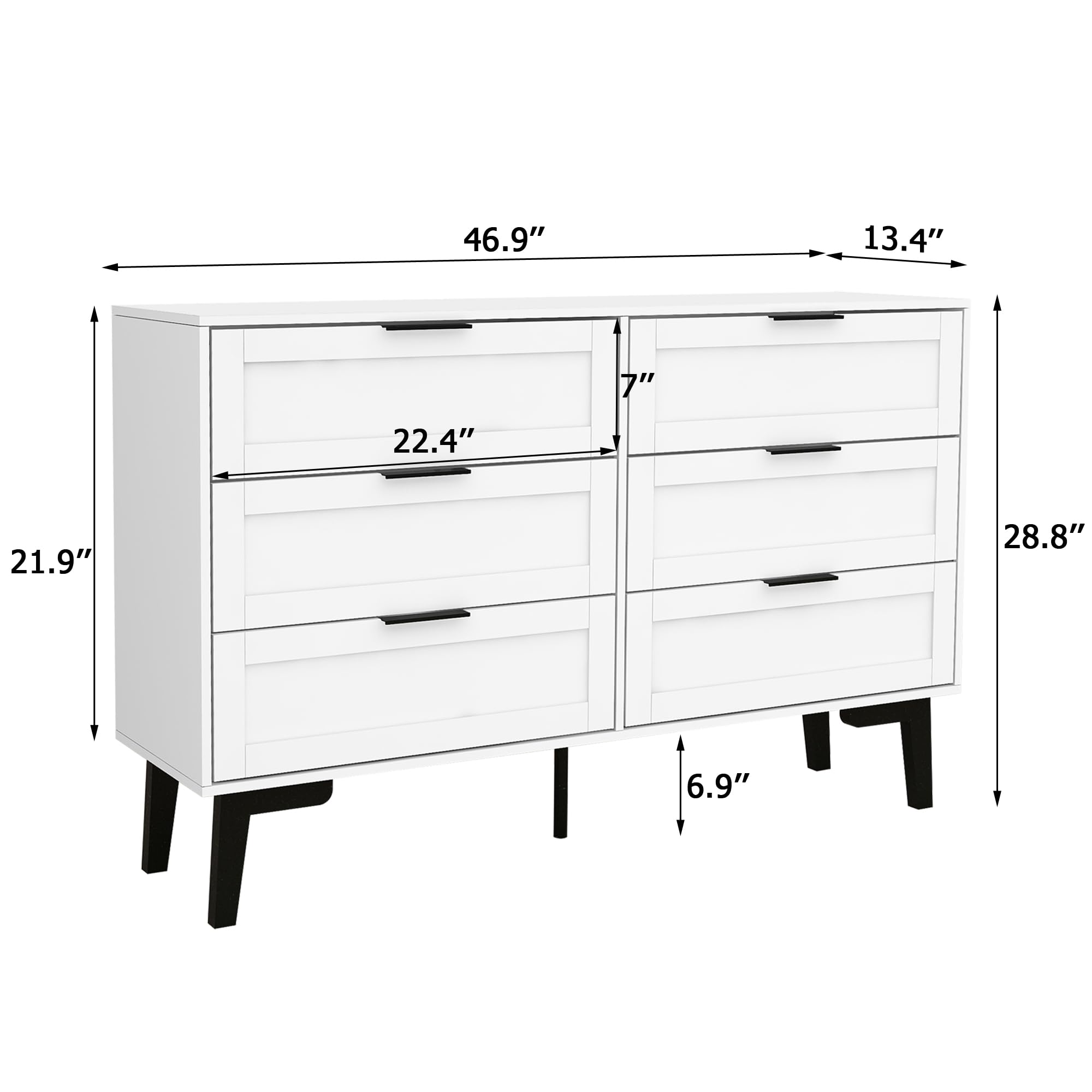 Modern 6-Drawer White Wooden Dresser for Bedroom & Nursery - Kids Horizontal Chest of Drawers for Living Room & Home Organization | Perfect for Storage, Clothes, Toys & Bedroom Decor