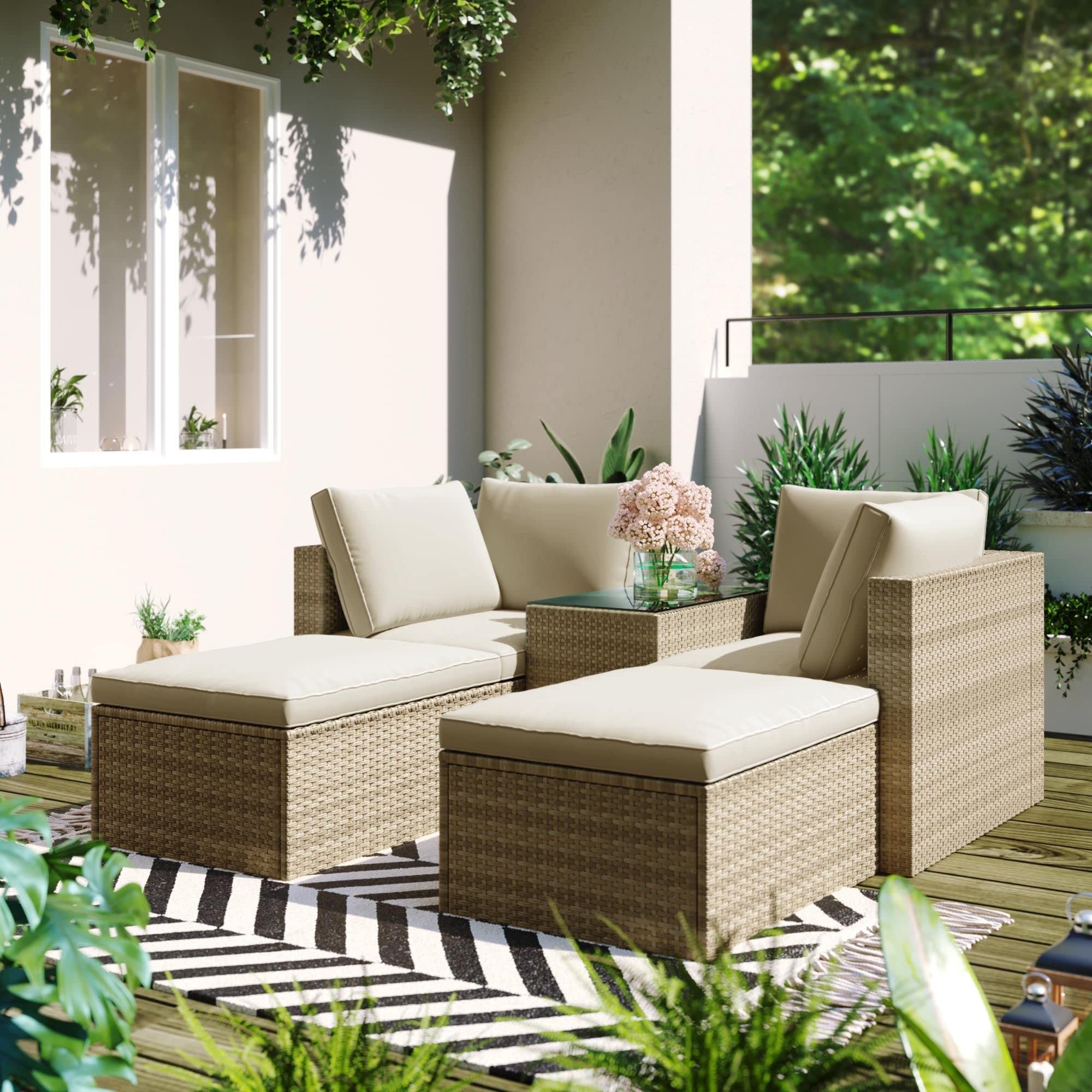 5-Piece Outdoor Patio Furniture Set - Brown & Beige Wicker Rattan Sectional Sofa with Wood Finish | Modern Contemporary Garden, Backyard & Poolside Lounge Set