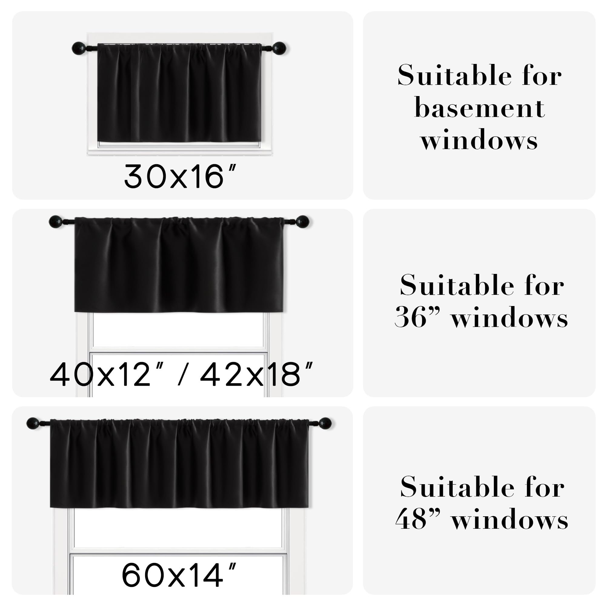 XTMYI 18 Inch Black Waterproof Window Valances - 2 Pack Rod Pocket Curtains for Bathroom, Small Basement & Kitchen - Moisture Resistant & Stylish Home Decor