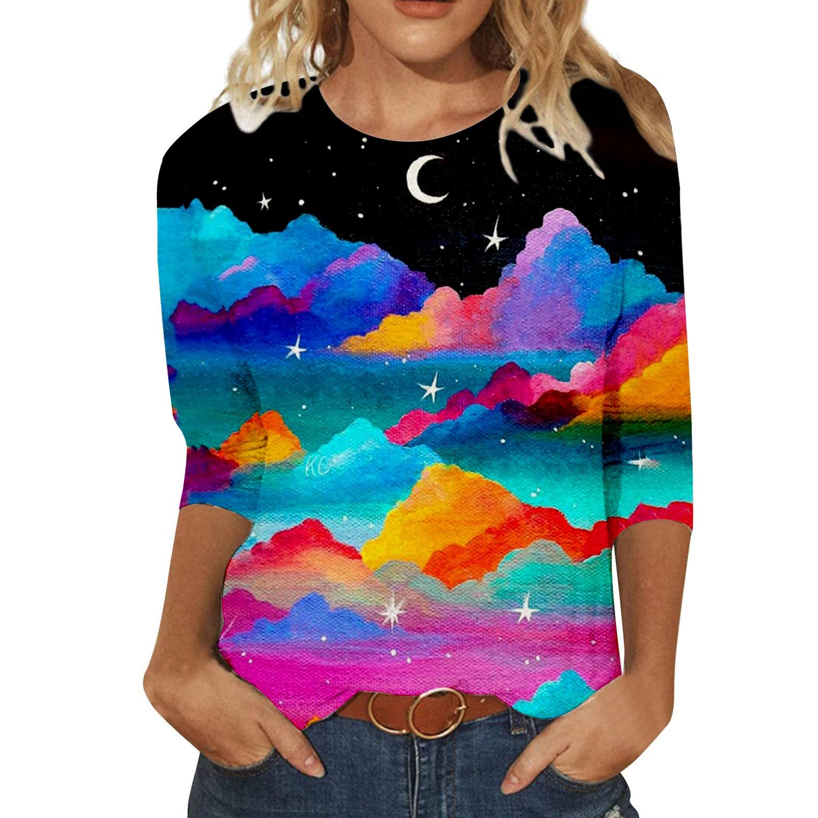 Women's 3/4 Sleeve Crew Neck Floral Printed Blouse - Casual Loose Comfortable Short Sleeve Tops for Spring Summer Outfits, Work & Weekend Wear