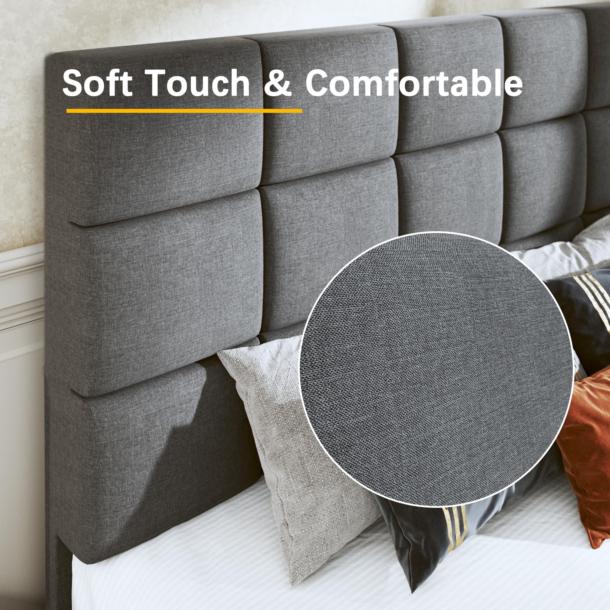 Queen Size Upholstered Platform Bed Frame with Adjustable Headboard - Linen Fabric, Tufted Design & Wooden Slats Support - No Box Spring Needed - Easy Assembly Mattress Foundation in Dark Grey - Perfect for Modern Bedrooms & Guest Rooms