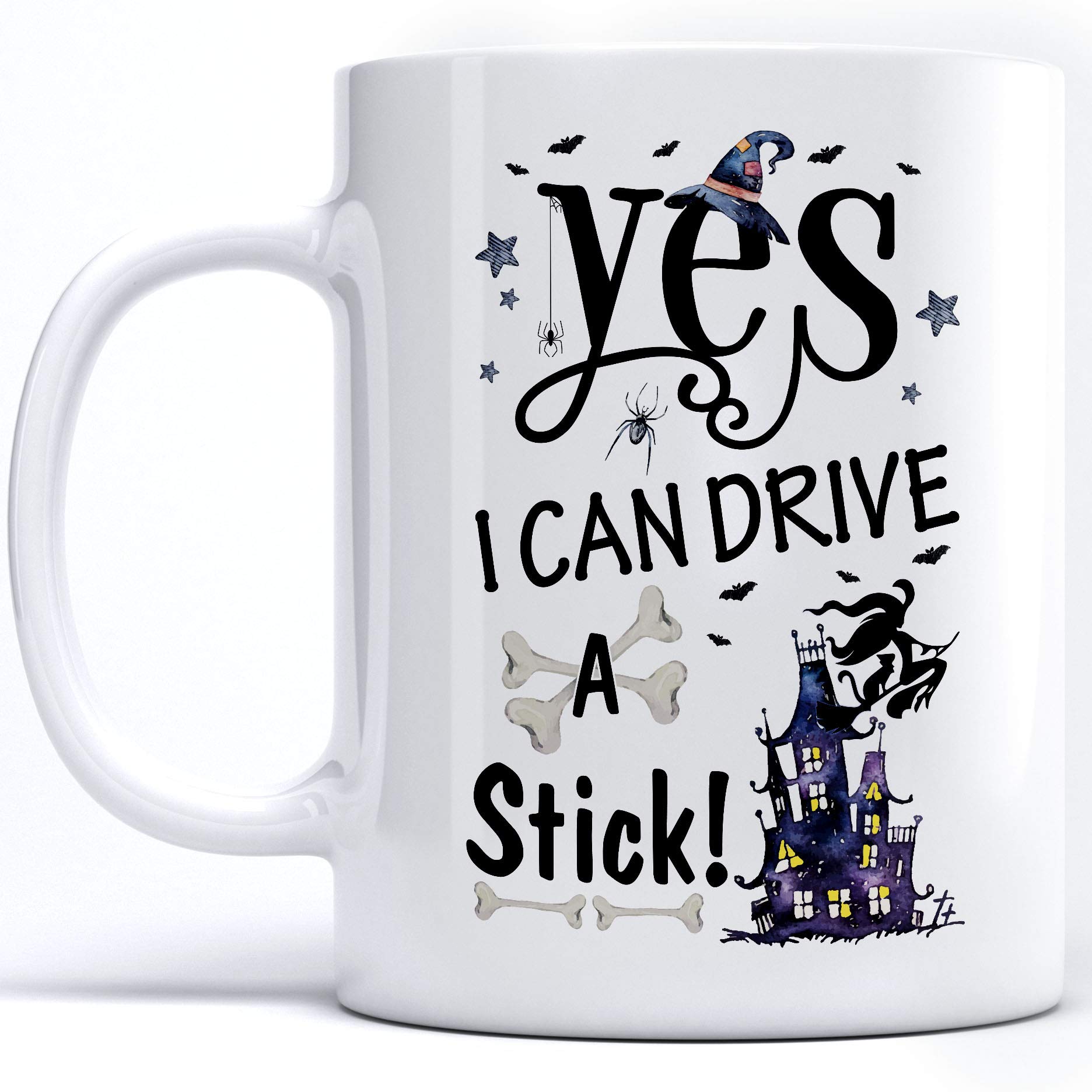 Funny Halloween Witch Coffee Mug - 'Yes I Can Drive A Stick' Novelty Ceramic Cup with Witch on Broom Design - Perfect White Coffee Cup for Halloween Parties, Office Gifts & Witch Lovers