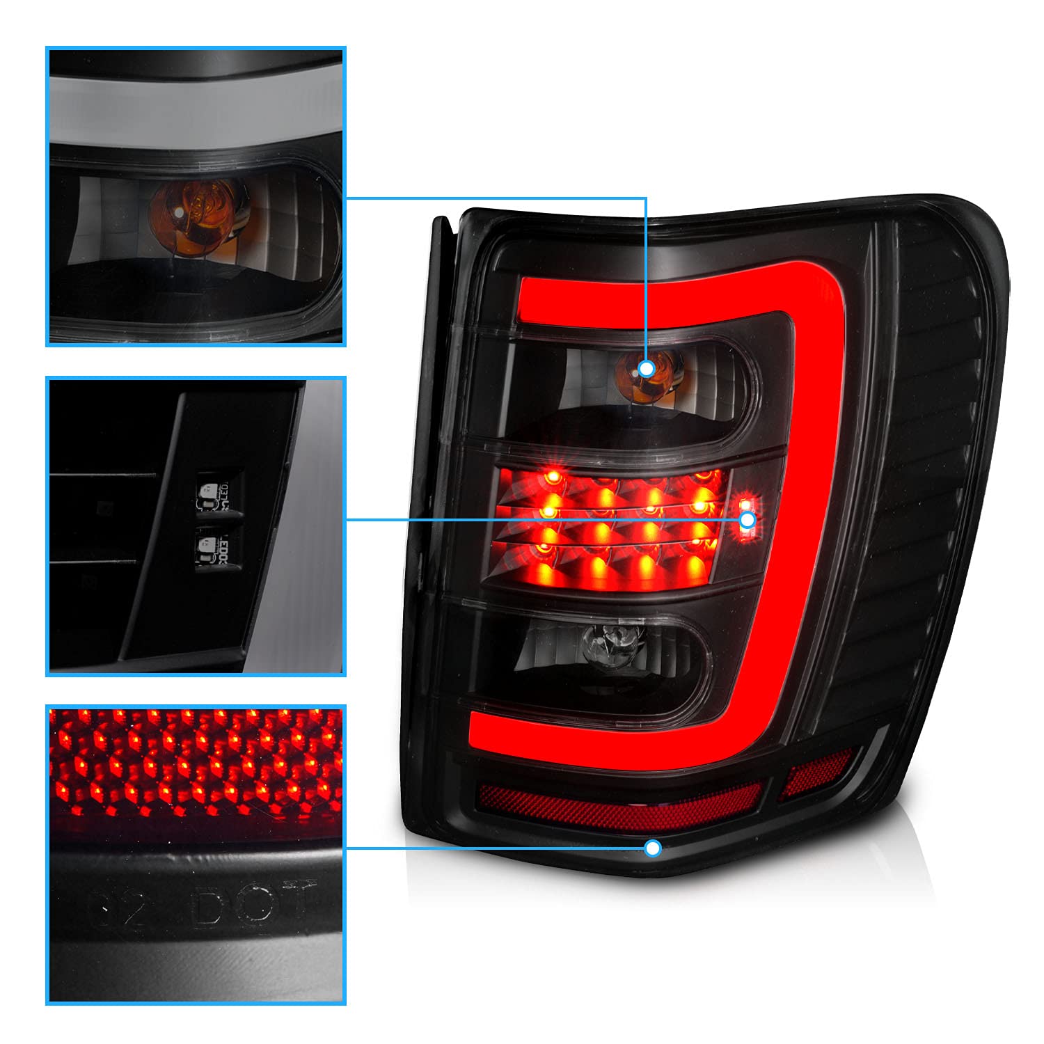 1999-2004 Jeep Grand Cherokee C-Type LED Tube Tail Lights - Dark Black Replacement Set (Driver & Passenger Side) | Enhanced Visibility & Stylish Upgrade for Off-Road Adventures & Night Driving