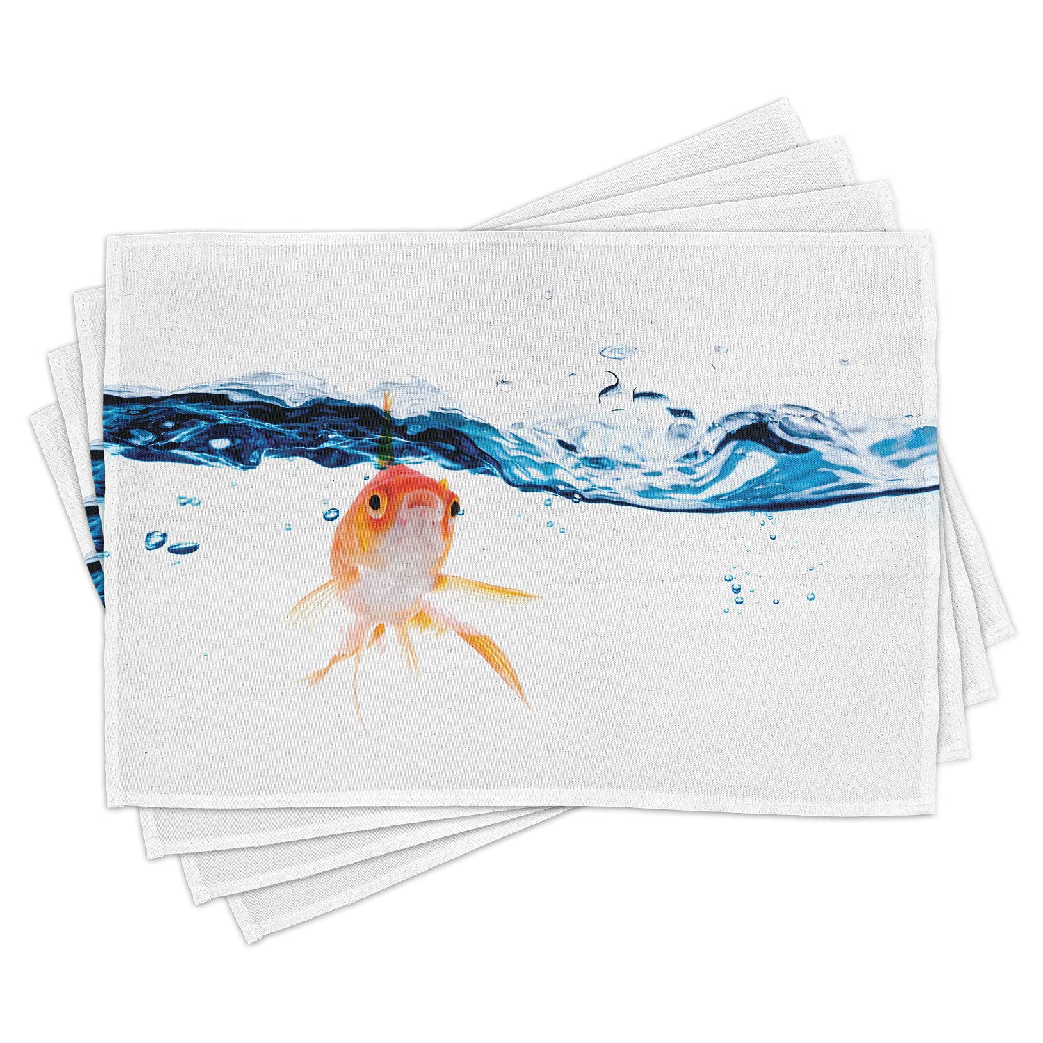Ambesonne 4-Piece Fish Placemats Set - Goldfish Swimming in Clear Water Bowl Abstract Design, Washable Fabric Table Mats for Dining Room & Kitchen Decor (Blue & Orange) - Perfect for Dinner Parties, Family Gatherings & Aquarium-Themed Events