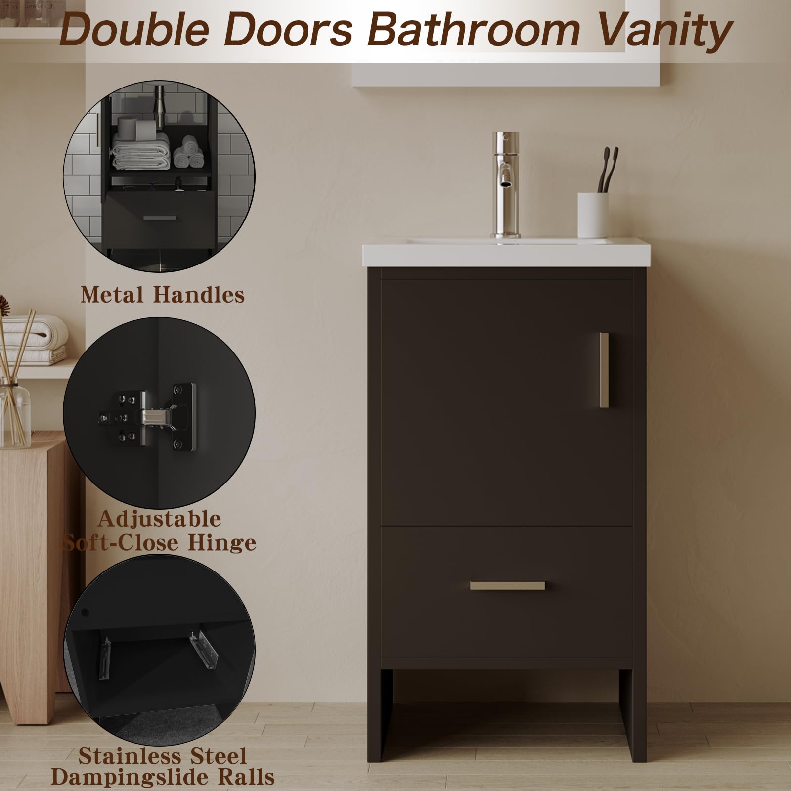 18 Inch Modern White Bathroom Vanity Set with Undermount Resin Sink - MDF Wood Cabinet & Black Countertop for Small Bathroom Remodel, Powder Room Upgrade or Master Bath Makeover