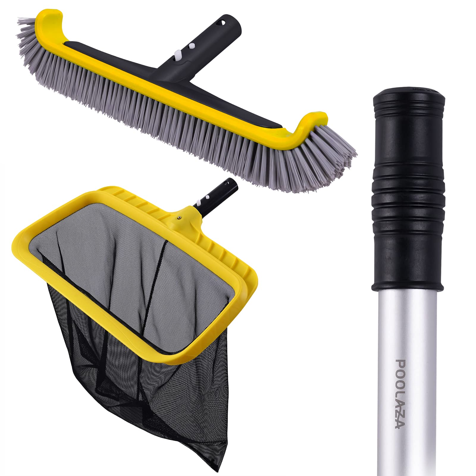 POOLAZA Premium Pool Skimmer Net, Heavy-Duty Pool Brush & Telescopic Pool Pole - 3-in-1 Pool Cleaning Kit for In-Ground & Above Ground Pools - Perfect for Leaves, Debris & Algae Removal