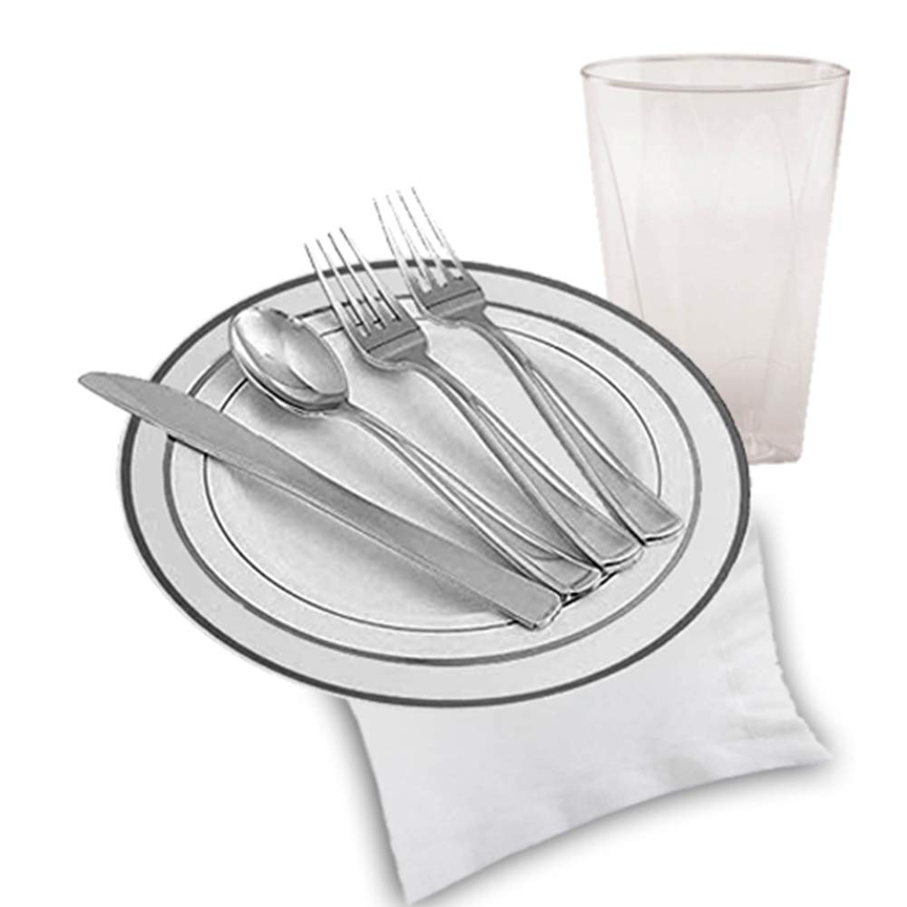 Premium 160-Piece Silver Plastic Dinnerware Set (20 Settings) - Elegant Disposable Plates, Forks, Spoons, Knives & Cups for Weddings, Parties & Special Events - Perfect for Catering, BBQs, Picnics & Formal Gatherings