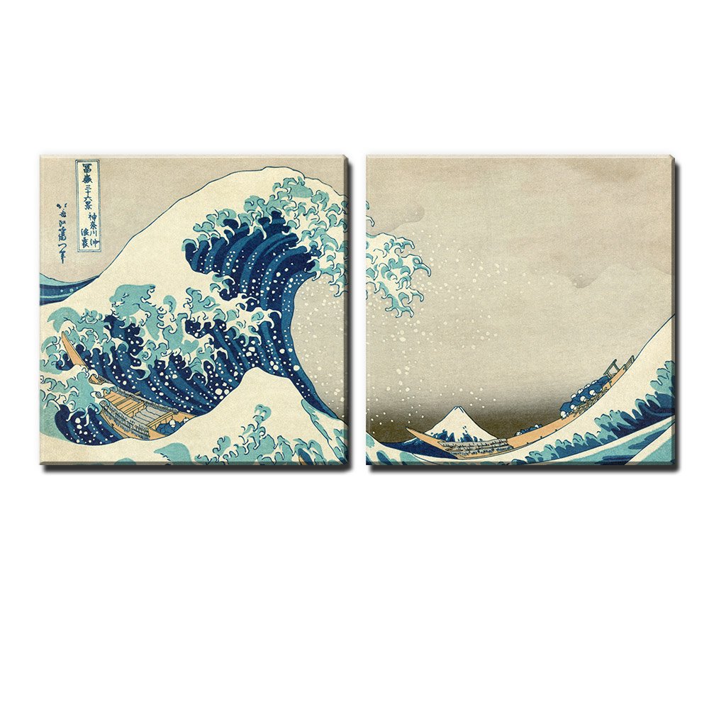 Wall26 2-Panel Square Canvas Wall Art - The Great Wave by Hokusai - Giclee Print Gallery Wrap Modern Home Decor - 24x24 Inches Each Panel - Ready to Hang - Perfect for Living Room, Bedroom & Office Decor