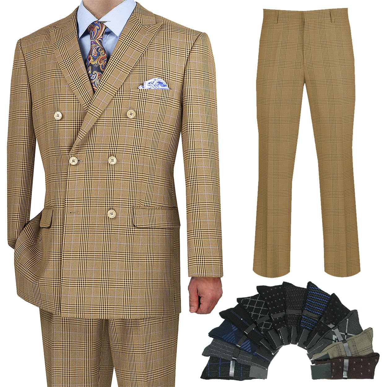 Hand Tailored 2-Piece Men's Glen Plaid Suit Set - Premium Blazer & Dress Pants with Bonus Socks | Formal Business Attire for Weddings, Office & Special Occasions