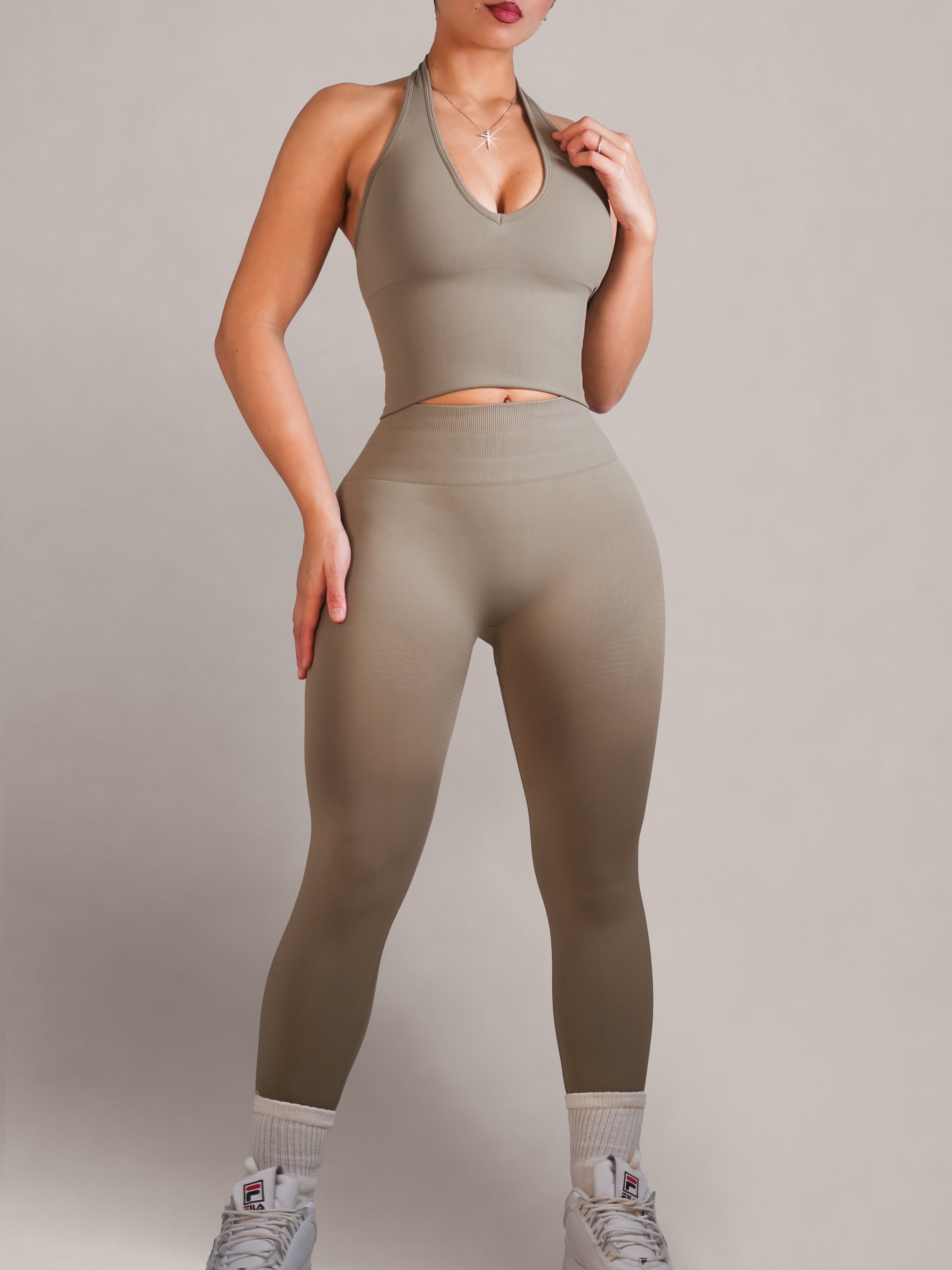 Refine High Waist Seamless Leggings for Women - Soft Stretchy Yoga Pants, Tummy Control Workout Leggings (Sepia) - Perfect for Yoga, Gym, Running & Lounge Wear
