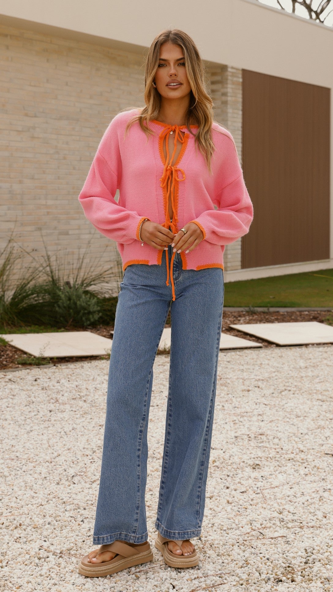 Hazina Tie Long Sleeve Knit Top for Women - Soft Stretch Casual Blouse in Pink & Orange - Perfect for Office, Date Night and Fall Layering