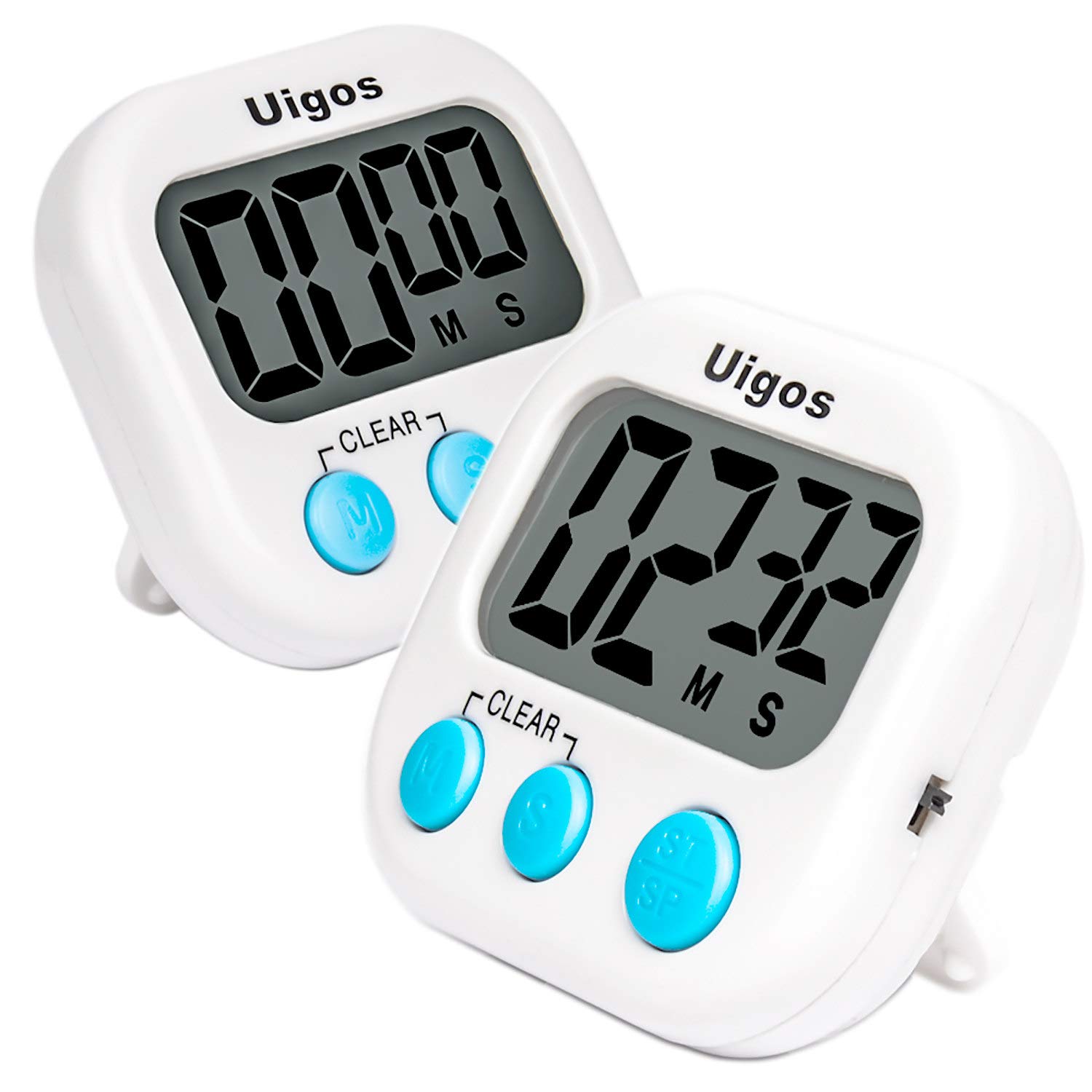 Uigos 2 Pack Digital Kitchen Timer with Big Display, Loud Alarm - Magnetic Back & Stand for Cooking, Baking, Sports, Office, Classroom (White) - Perfect for Meal Prep, Workouts, and Time Management