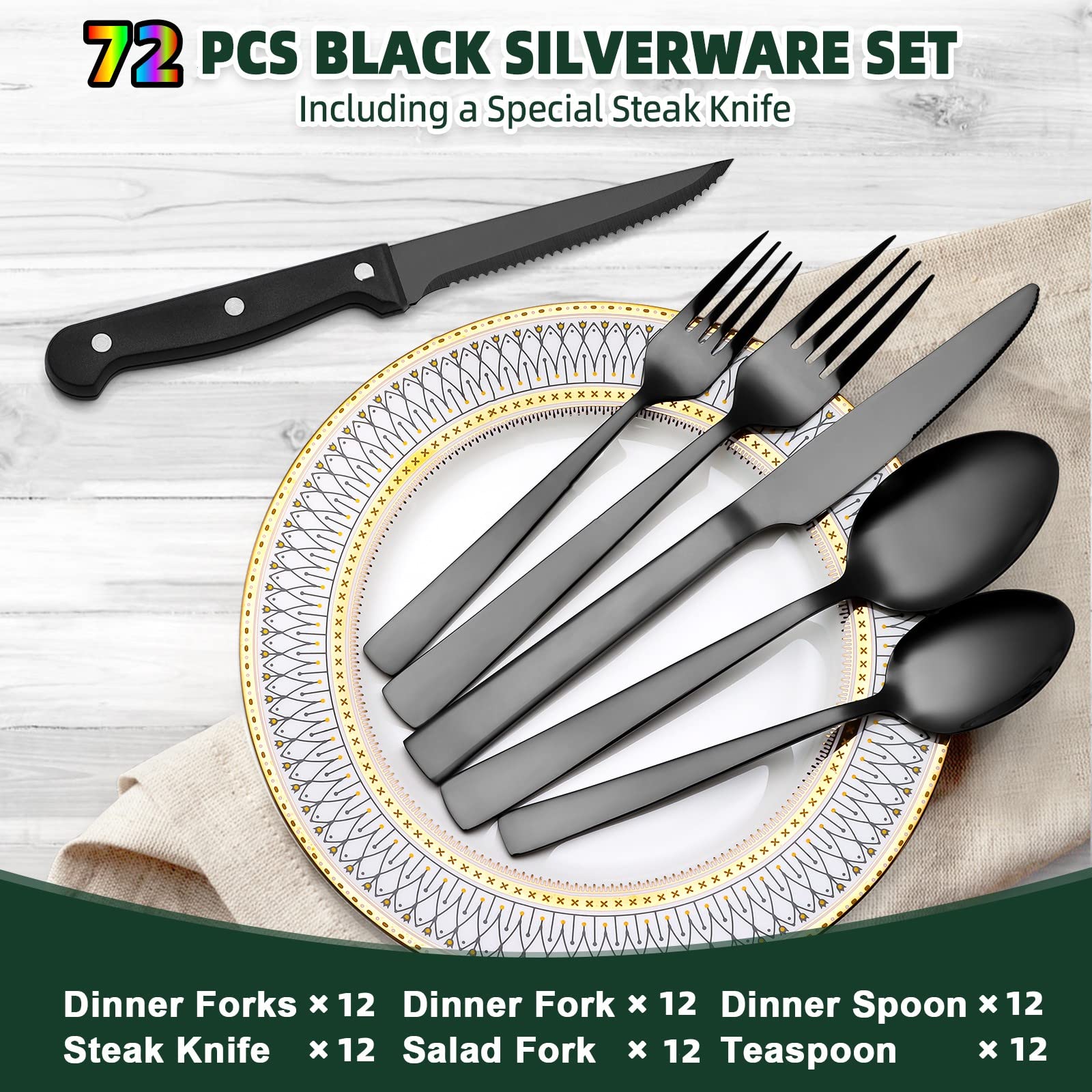 72-Piece Stainless Steel Flatware Set - Premium Black Silverware for Home & Restaurant Use, Heavy Duty Knife Fork Spoon Set with Steak Knives, Dishwasher Safe | Perfect for Dinner Parties, Weddings & Everyday Dining