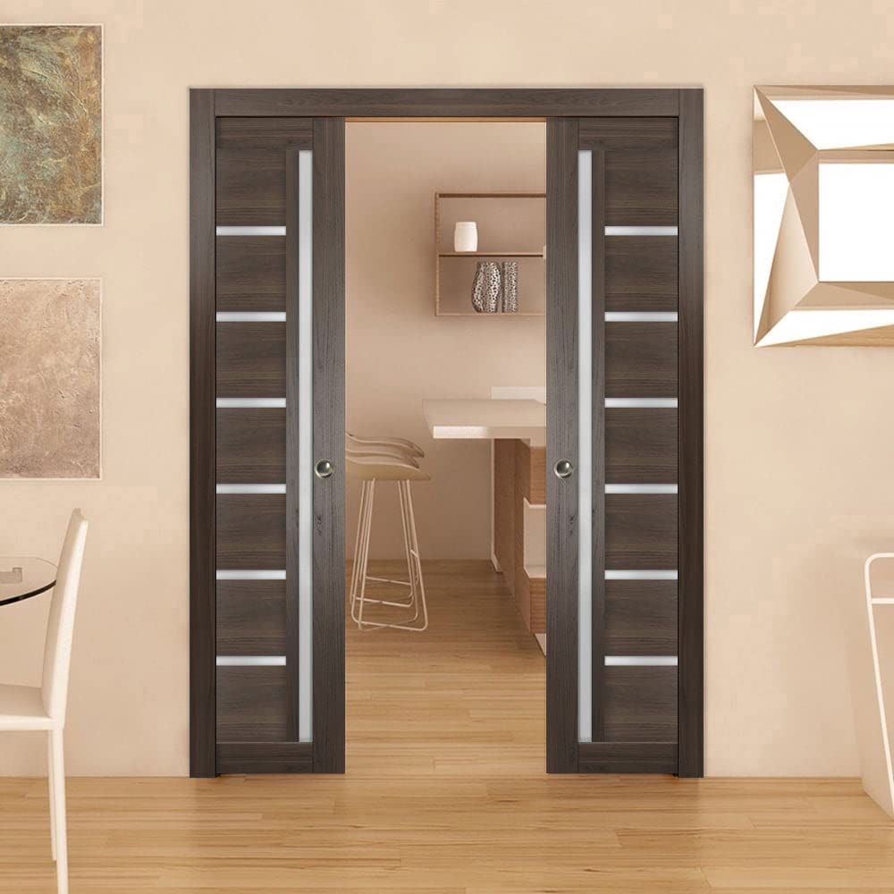 SARTODOORS 24x80 Inch Frosted Glass Slab Barn Door Panel - Quadro 4088 Chocolate Ash Finish | Solid Wood Construction | Perfect for Bedroom Closets, Pantries & Room Dividers | Smooth Sliding Pocket Door System