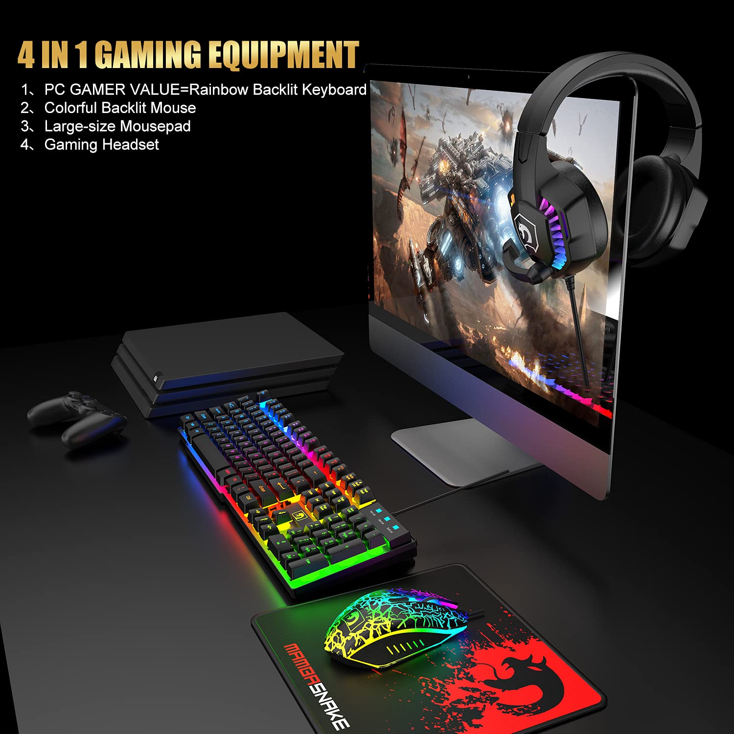 RGB Gaming Keyboard and Mouse Combo with Headset - Wired Mechanical Keyboard, Over-Ear Gaming Headphones with Mic, LED Backlit Mouse & Mouse Pad - Compatible with PC, Laptop, Mac, PS4, Xbox (Black) - Perfect for Esports, Streaming & Office Work