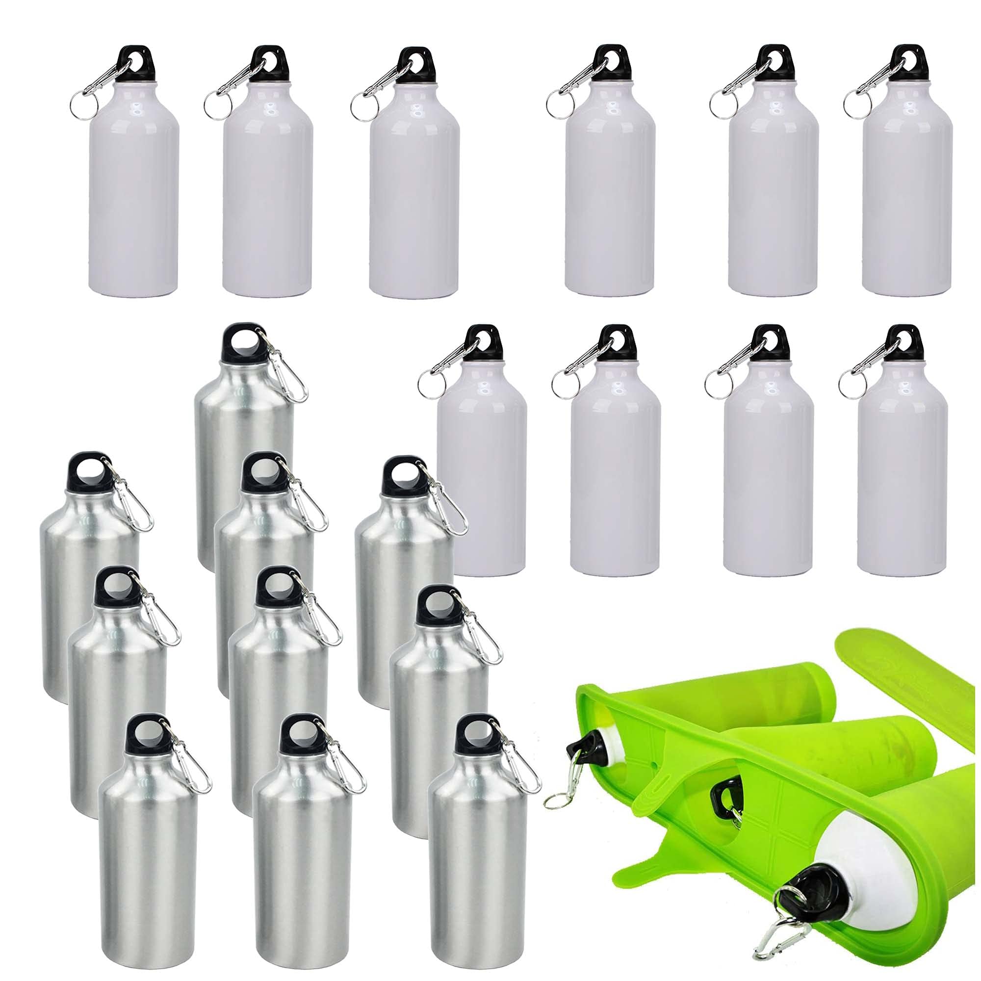 INTSUPERMAI 20-Pack 600ml Sublimation Aluminum Water Bottles - 10 White & 10 Silver Coated Bottles with Rubber Clamp & Safety Lock - Perfect for Sports, Gym, Hiking & Custom Gifts