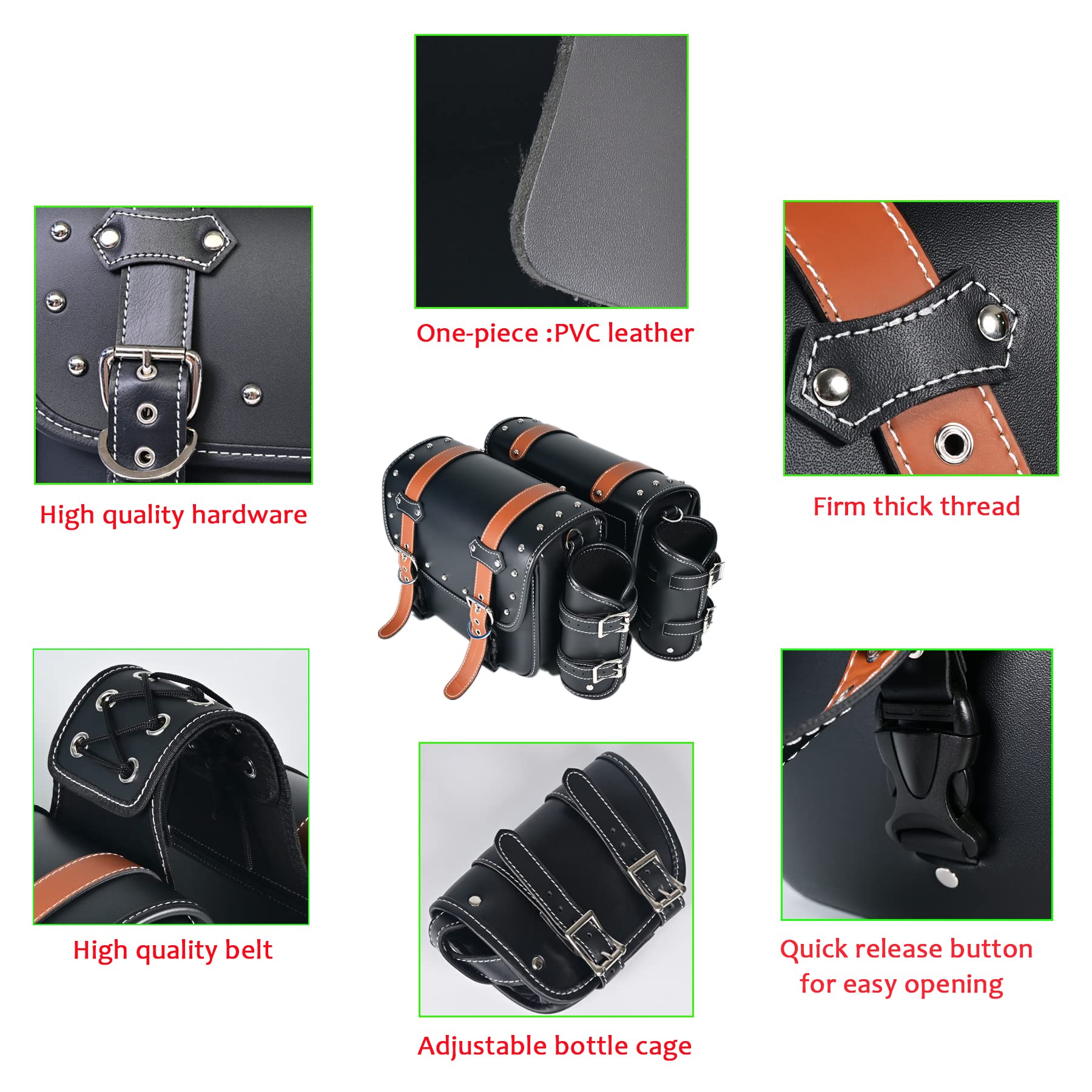 Waterproof PVC Leather Motorcycle Saddlebags - Universal Throw Over Panniers with Cup Holder & Side Tool Storage (1 Pair, Black with Brown Belt) | Durable Motorbike Luggage for Touring, Commuting & Adventure Rides
